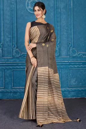 91A355 Grey and Beige Tissue Silk Saree with Zari Buta