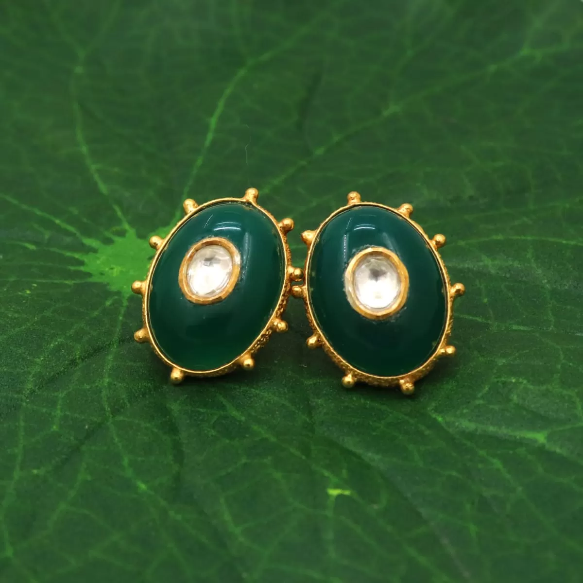 18k gold plated silver earring, 925 silver earring with green onyx natural stone, Indian handmade jewelry, traditional earring for woman