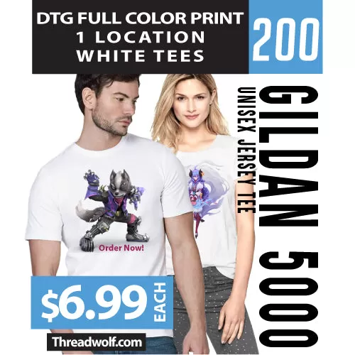 200 Full Color DTG White Shirts for $1395