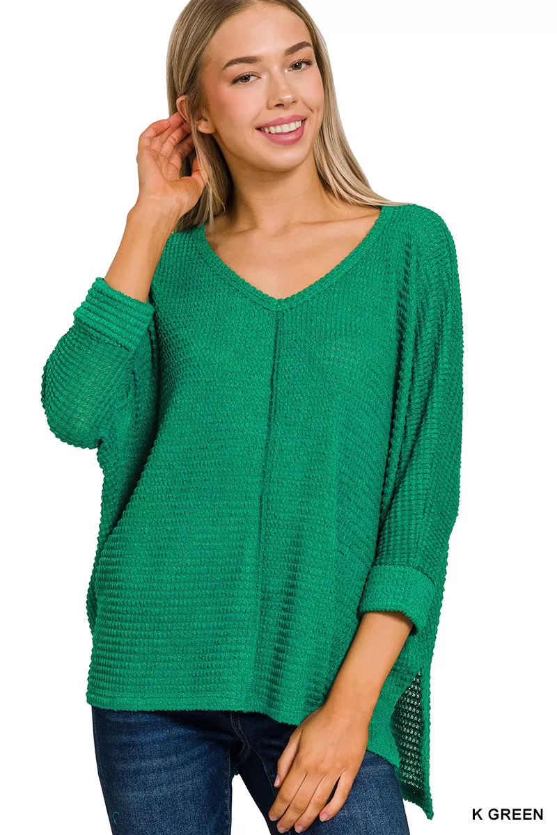 3/4 Sleeve V-Neck Waffle Top- Kelly Green