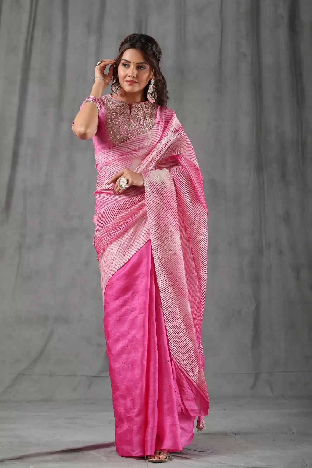 90J990A Crushed Tassar Palla Saree