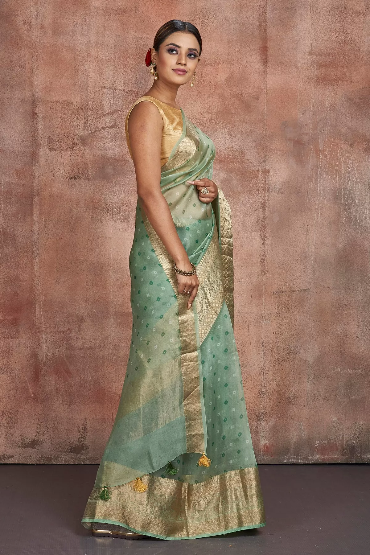 90M366 Light Green Bandhej Organza Sari with Golden Border