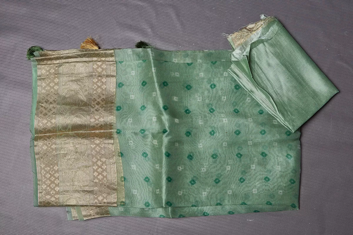 90M366 Light Green Bandhej Organza Sari with Golden Border