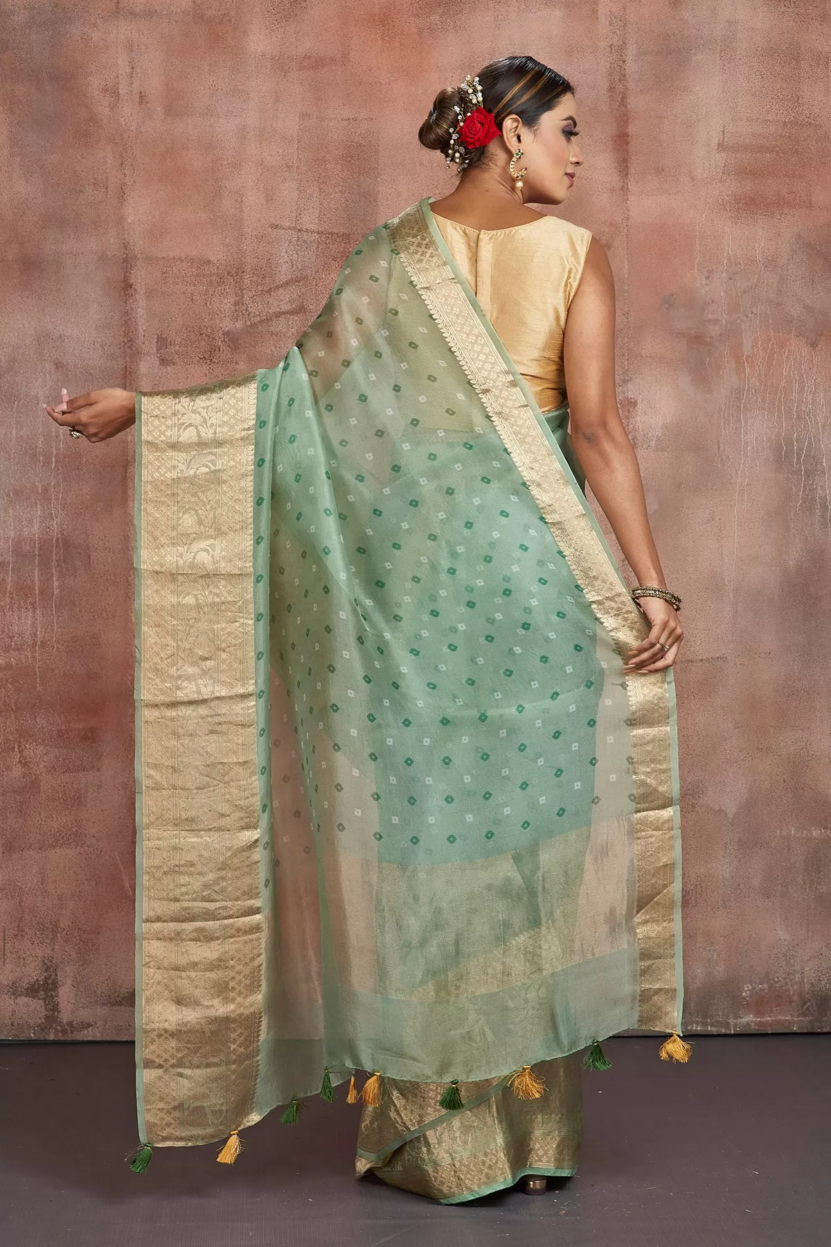 90M366 Light Green Bandhej Organza Sari with Golden Border