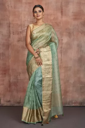 90M366 Light Green Bandhej Organza Sari with Golden Border