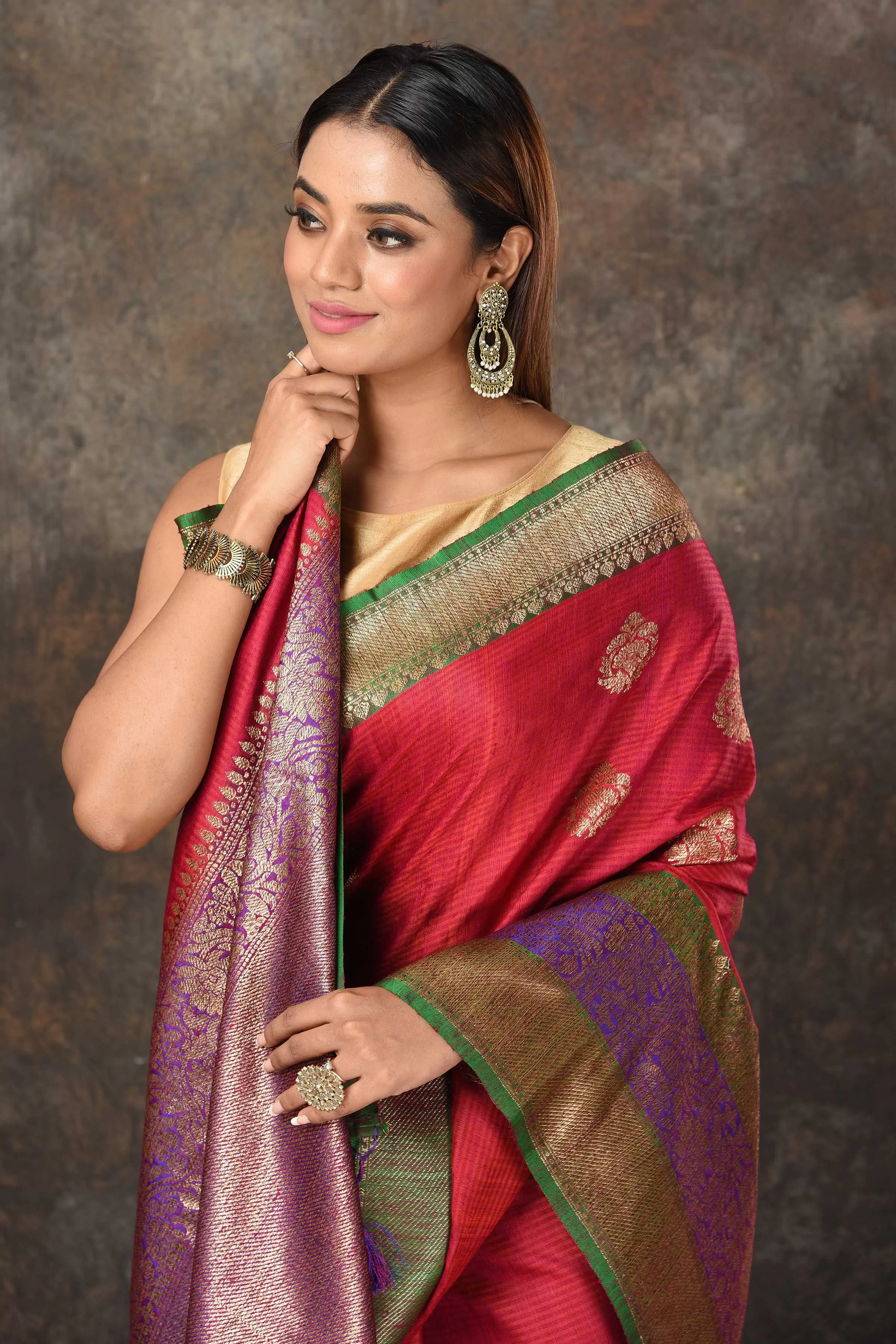 90N454-RO Dark Pink Banarasi Sari with Green Zari Border