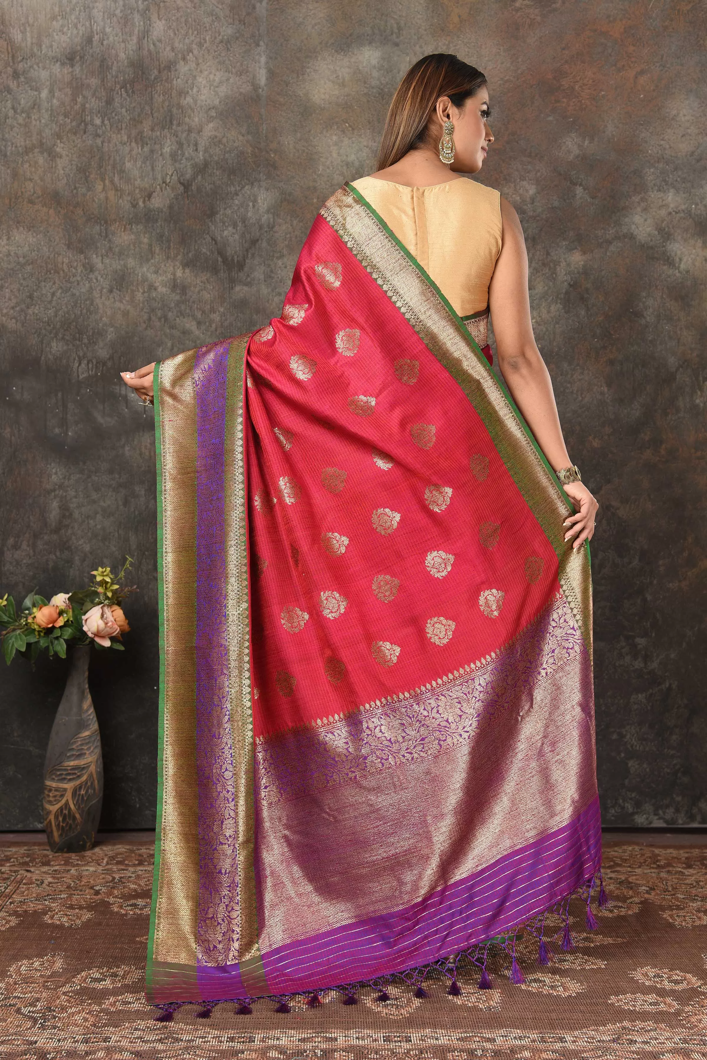 90N454-RO Dark Pink Banarasi Sari with Green Zari Border