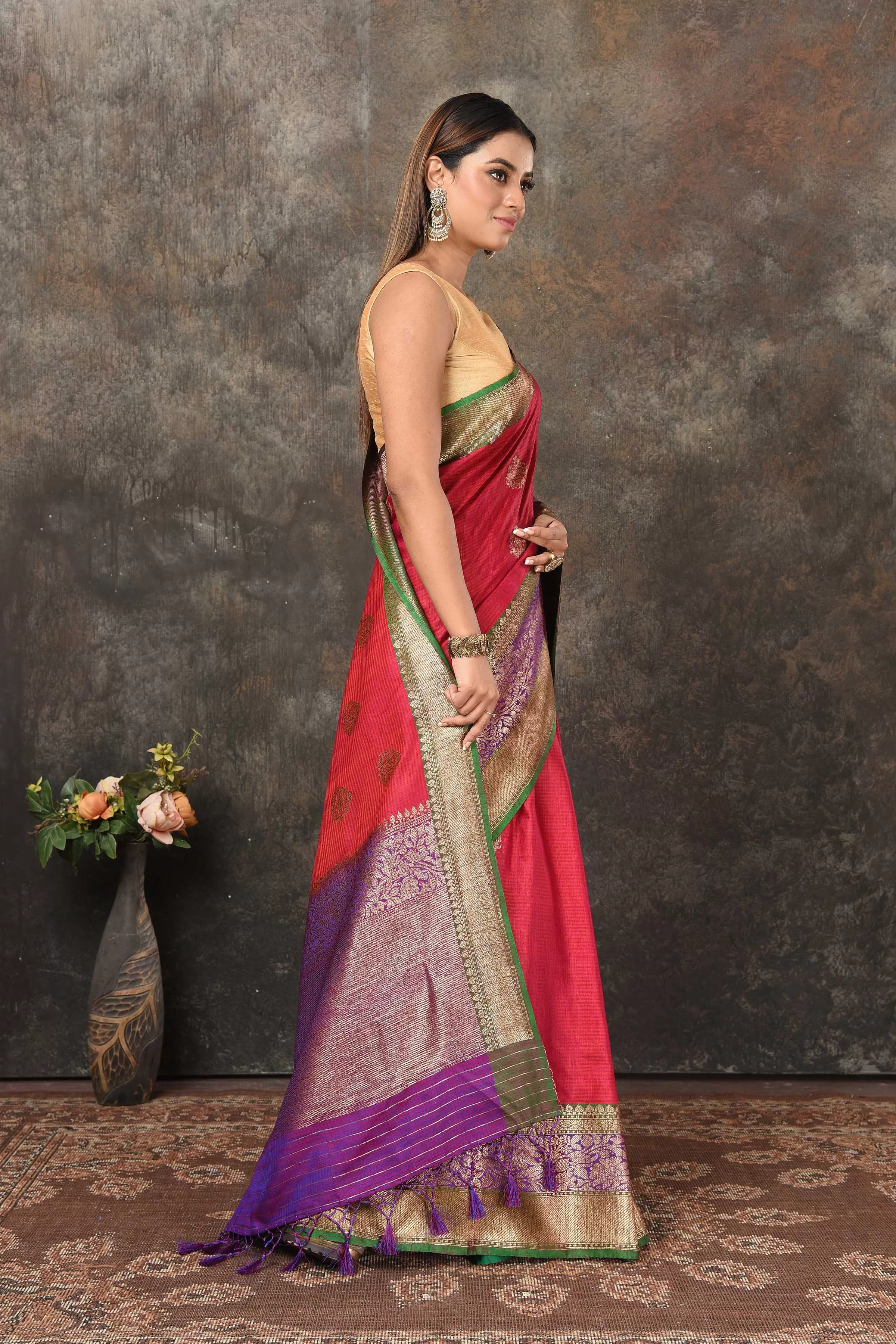 90N454-RO Dark Pink Banarasi Sari with Green Zari Border