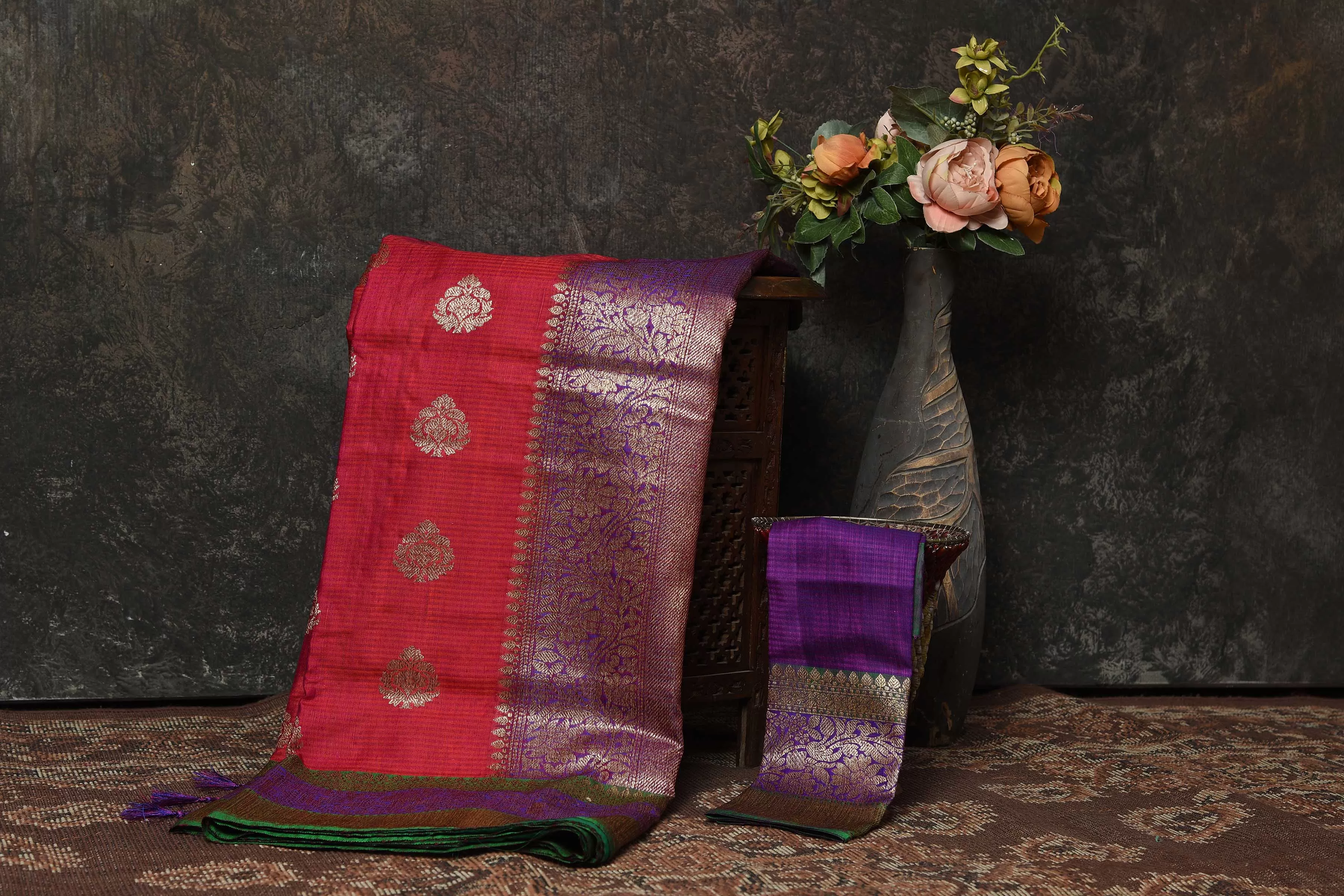 90N454-RO Dark Pink Banarasi Sari with Green Zari Border