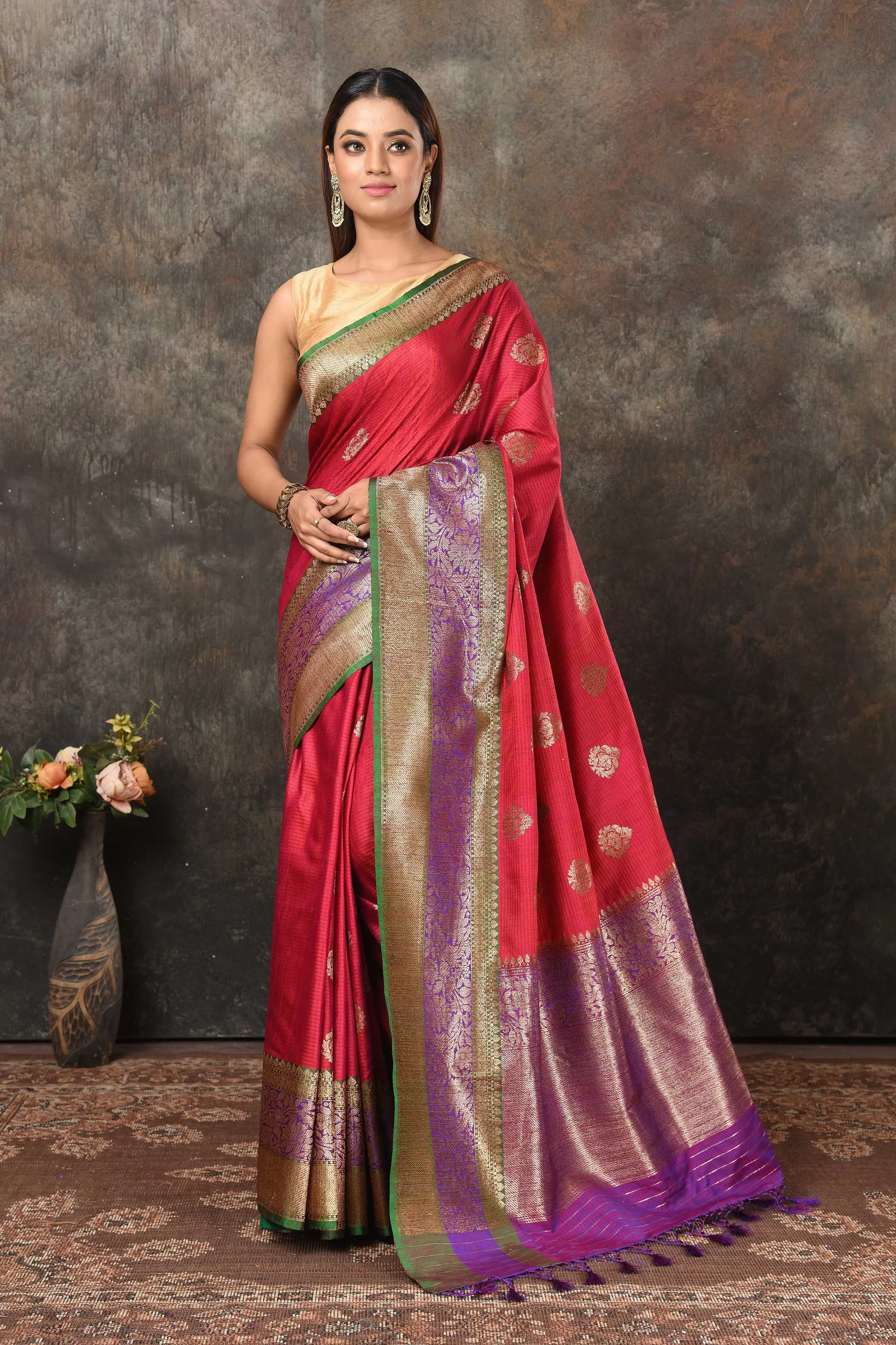 90N454-RO Dark Pink Banarasi Sari with Green Zari Border