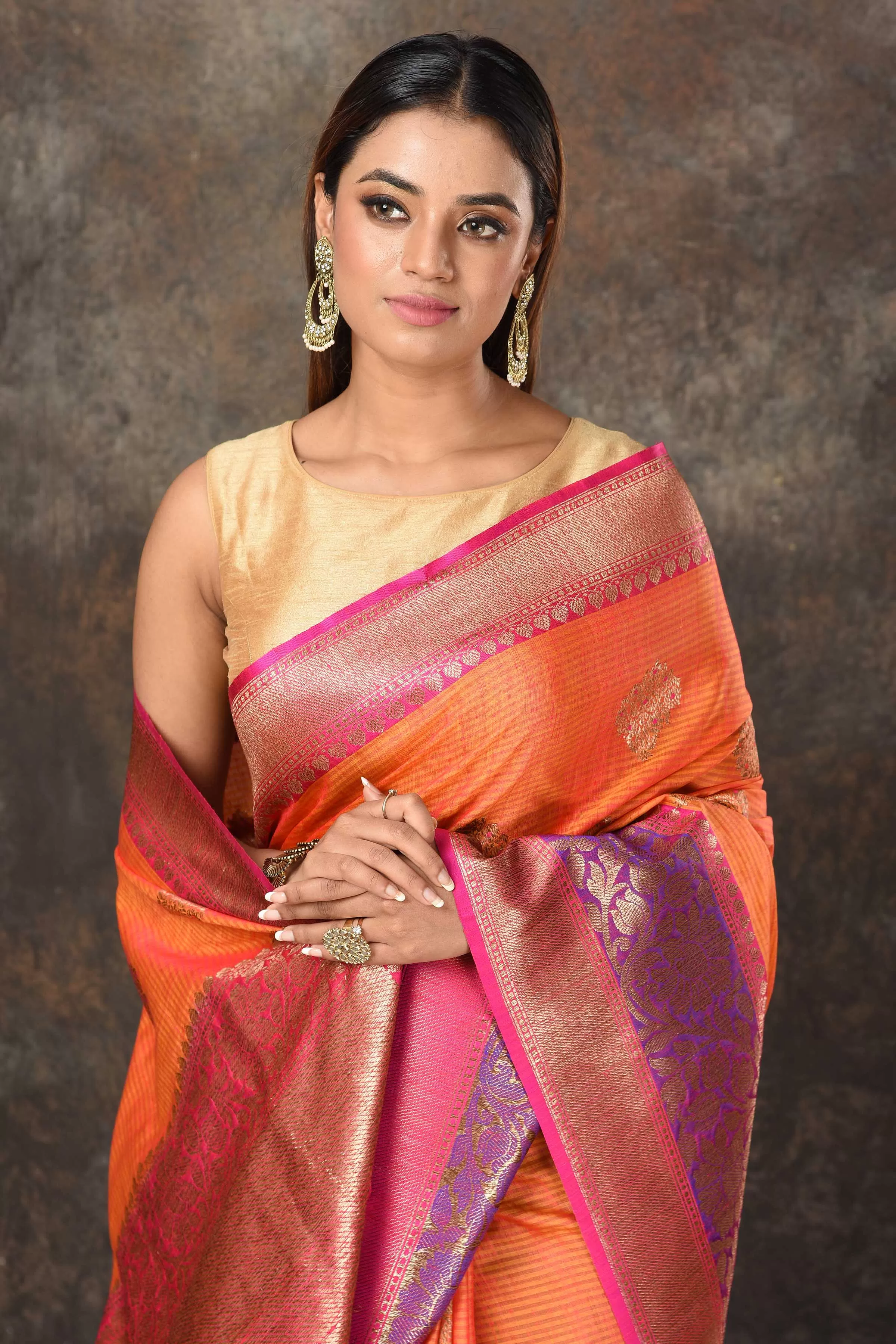 90N463-RO Orange Banarasi Sari with Purple Pink Zari Border