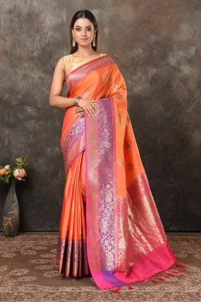 90N463-RO Orange Banarasi Sari with Purple Pink Zari Border