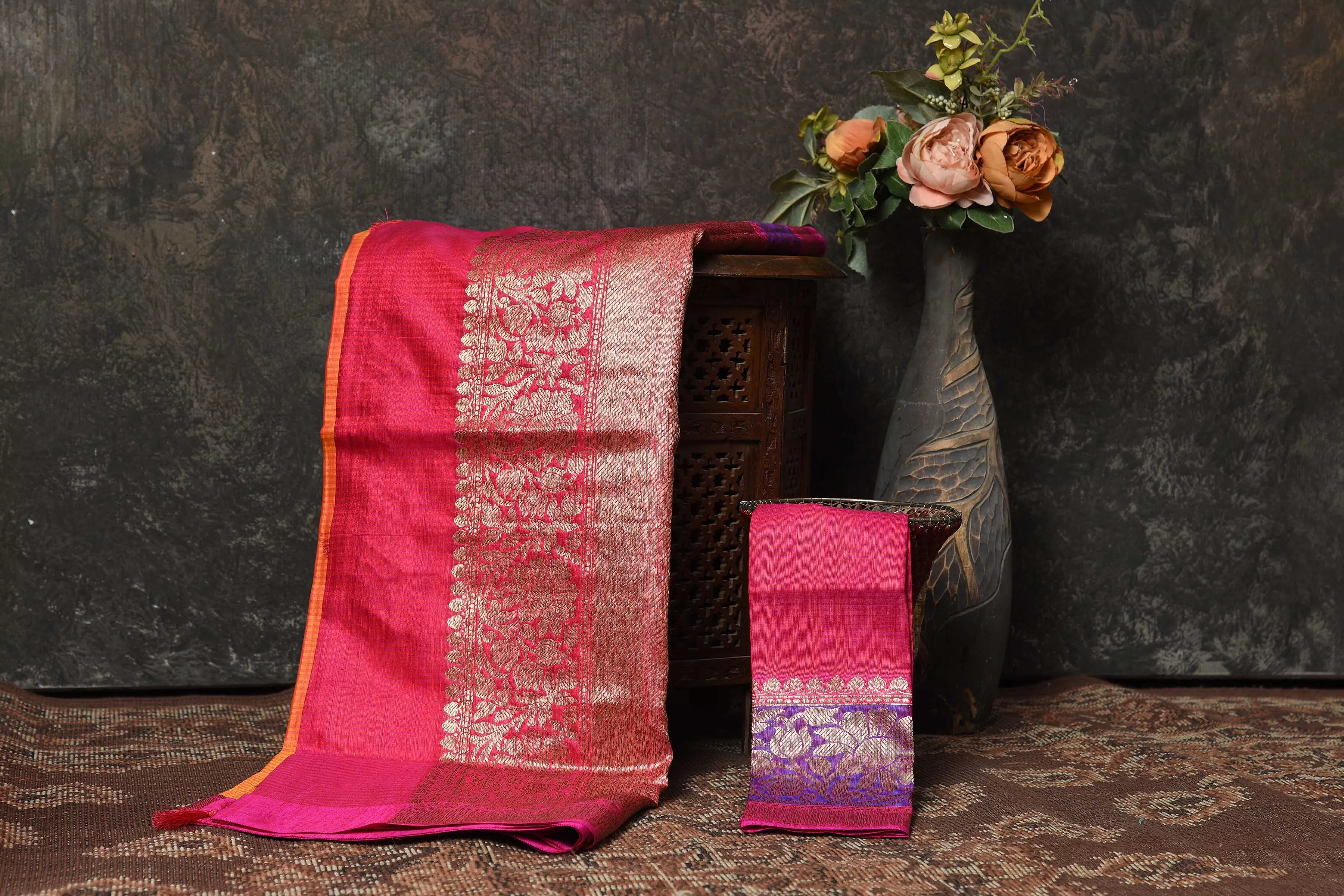 90N463-RO Orange Banarasi Sari with Purple Pink Zari Border