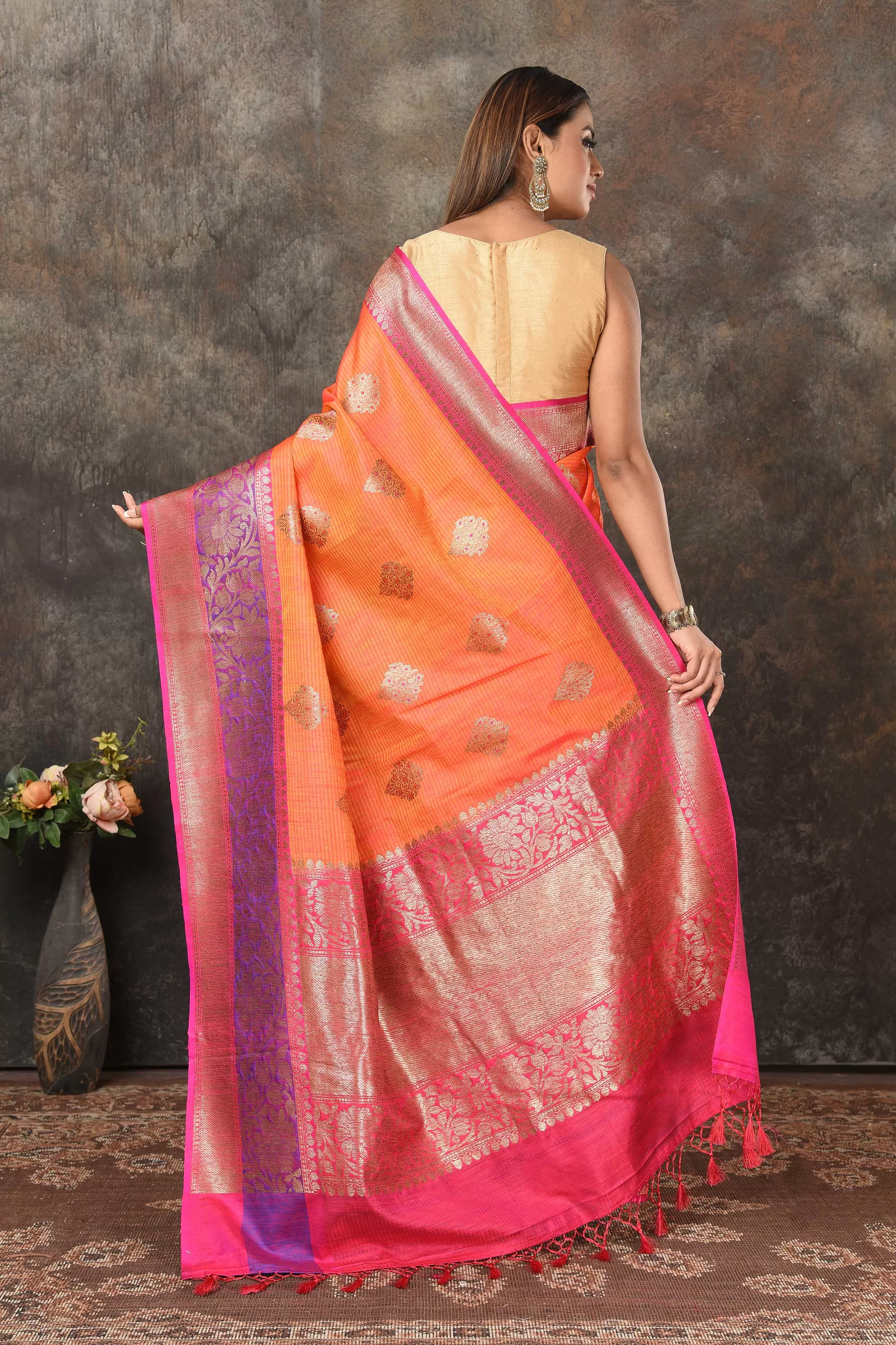 90N463-RO Orange Banarasi Sari with Purple Pink Zari Border