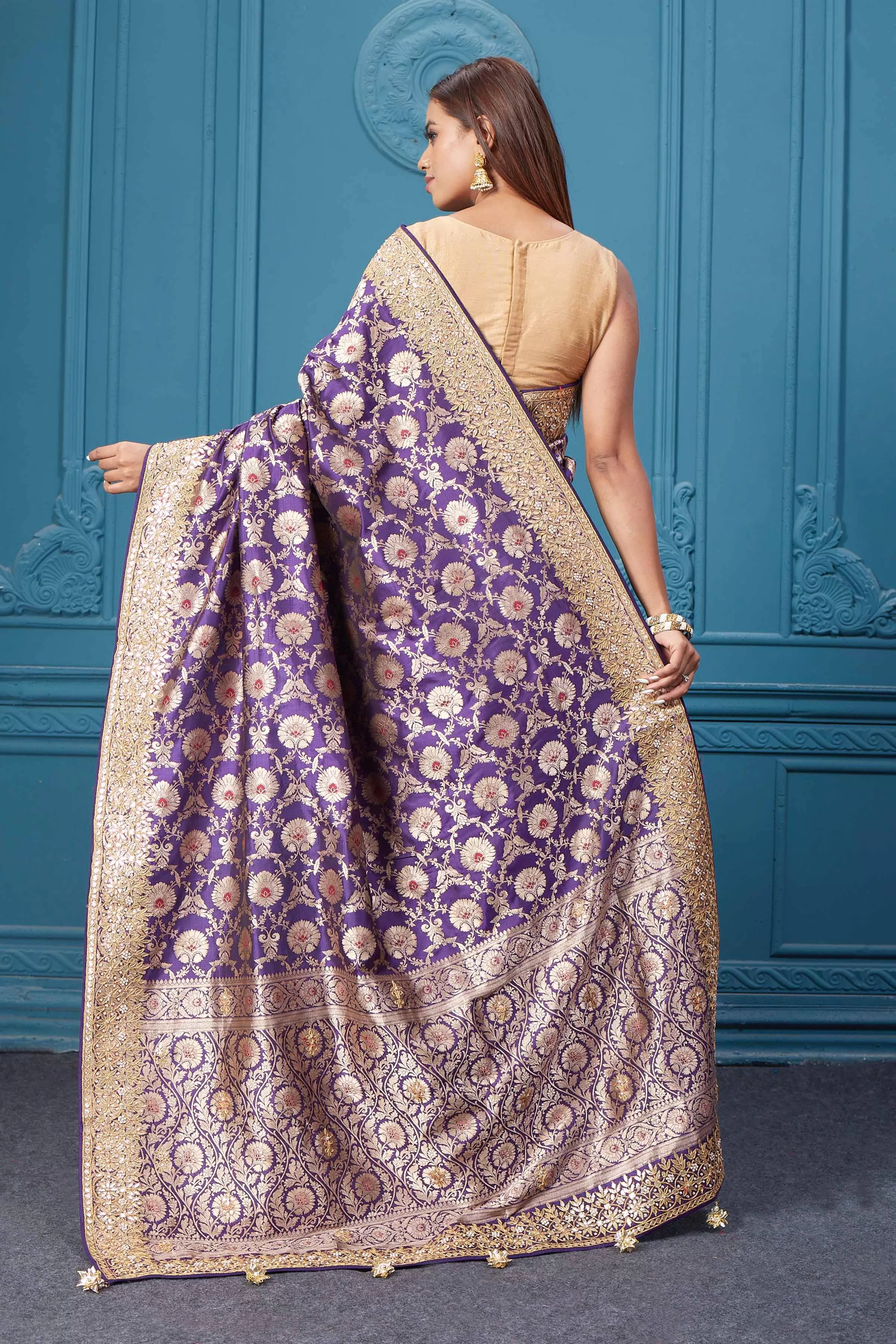 91A039 Purple Banarasi Silk Saree with Zari Minakari Work