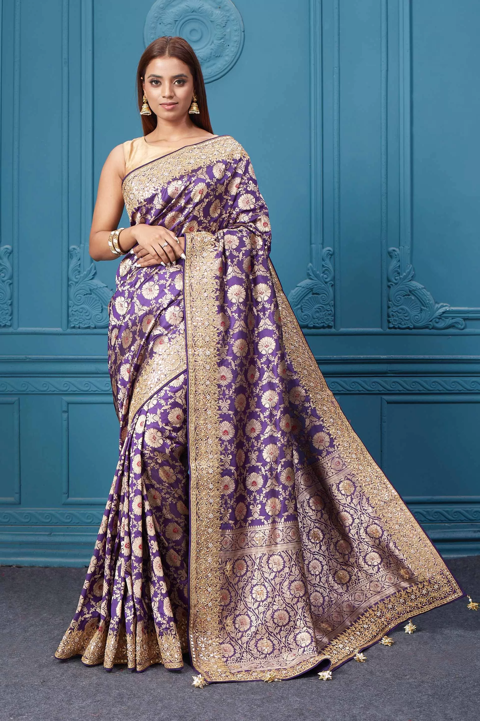 91A039 Purple Banarasi Silk Saree with Zari Minakari Work