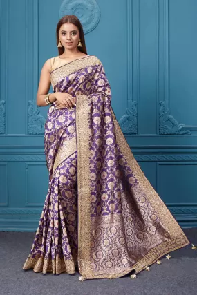 91A039 Purple Banarasi Silk Saree with Zari Minakari Work