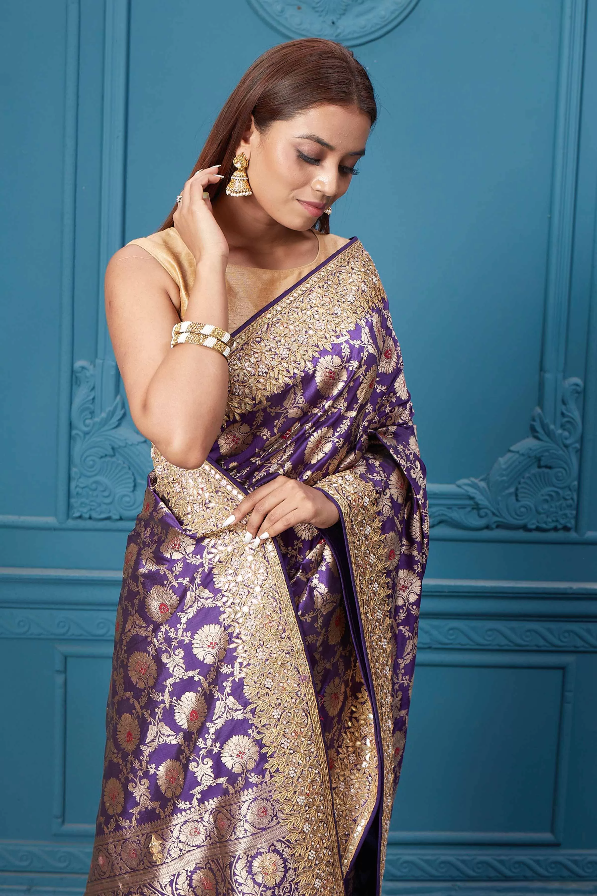 91A039 Purple Banarasi Silk Saree with Zari Minakari Work