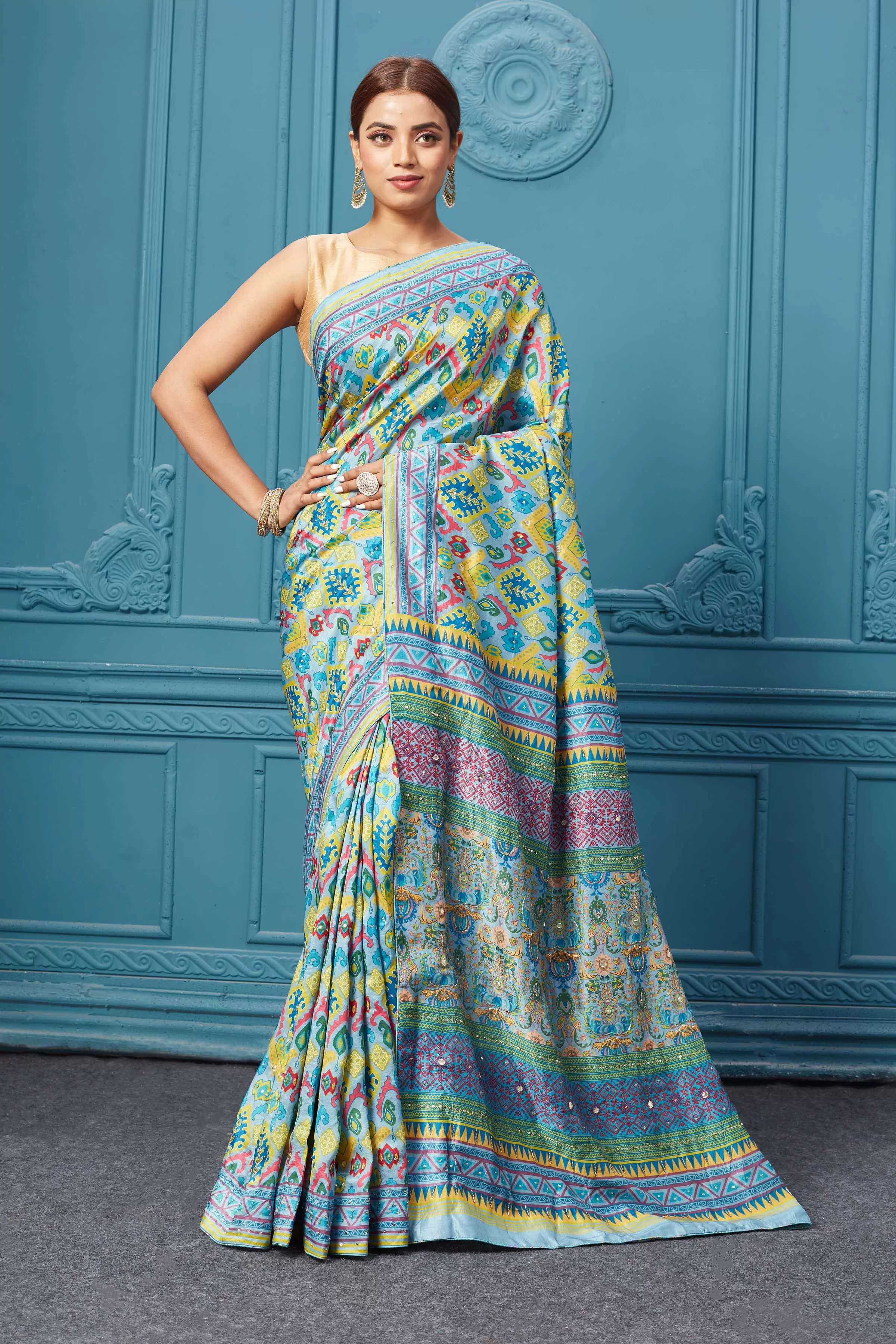 91A091 Yellow Multicolor Printed Saree Set