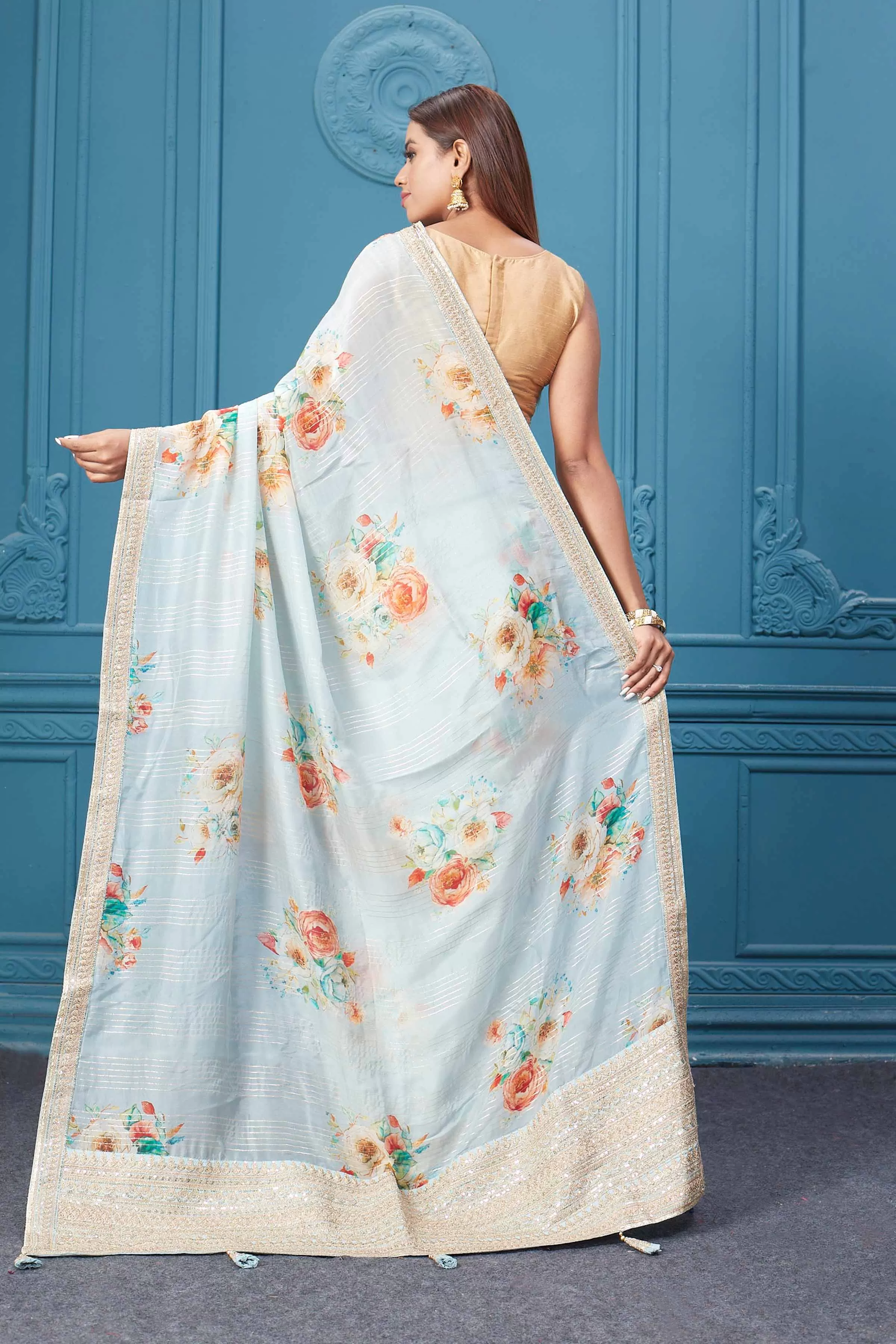 91A111 Powder Blue Embroidered Georgette Saree with Blouse