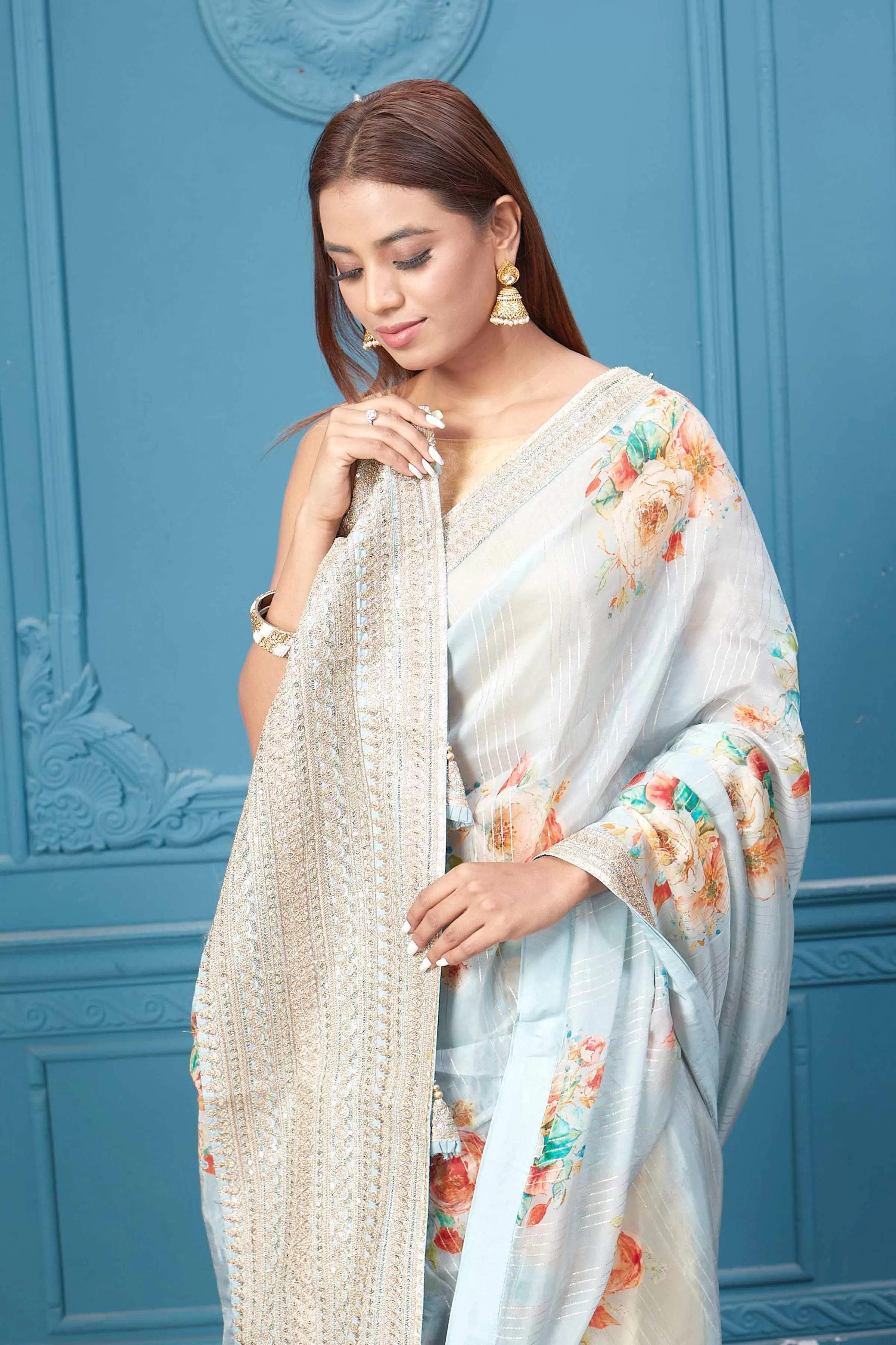 91A111 Powder Blue Embroidered Georgette Saree with Blouse