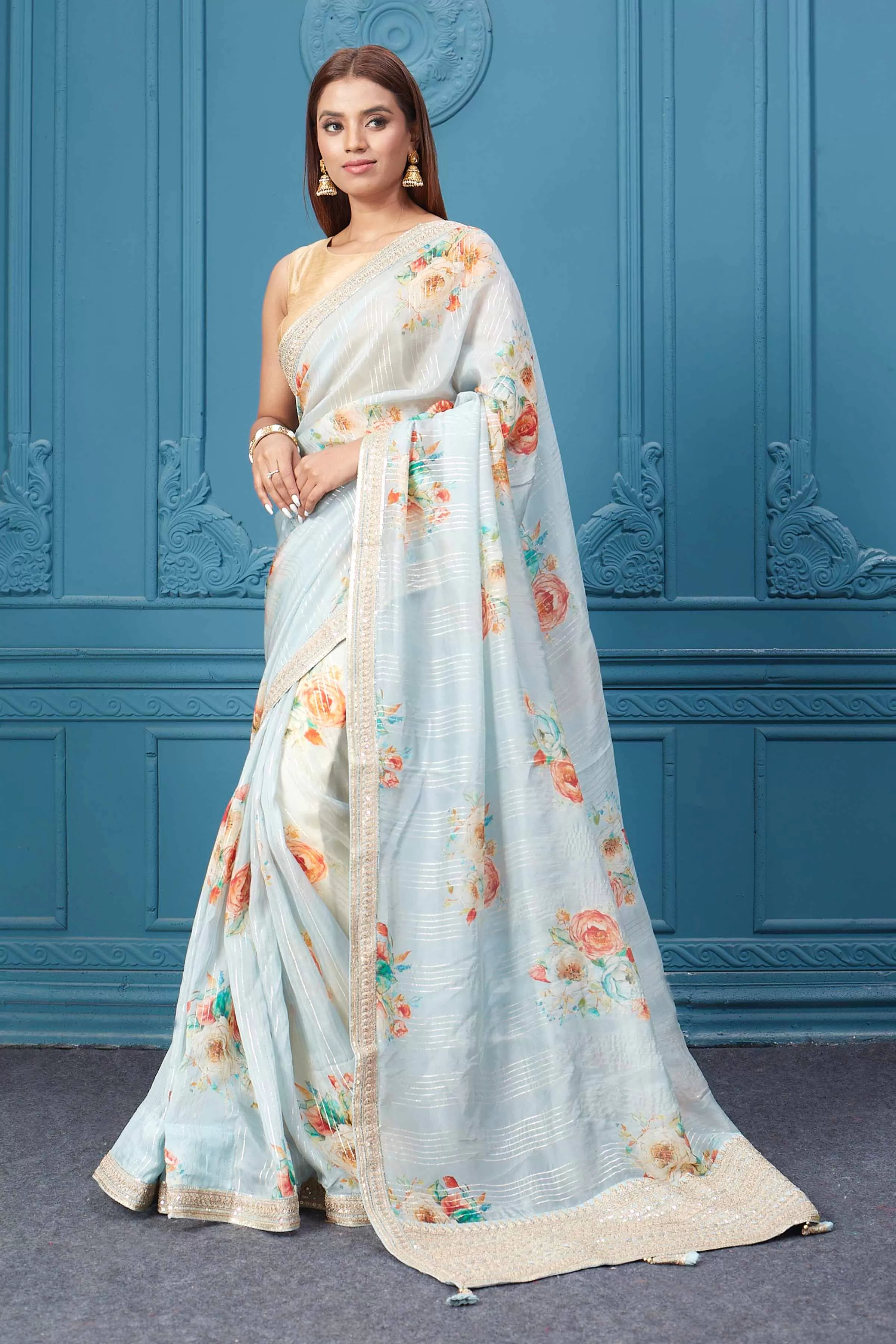 91A111 Powder Blue Embroidered Georgette Saree with Blouse