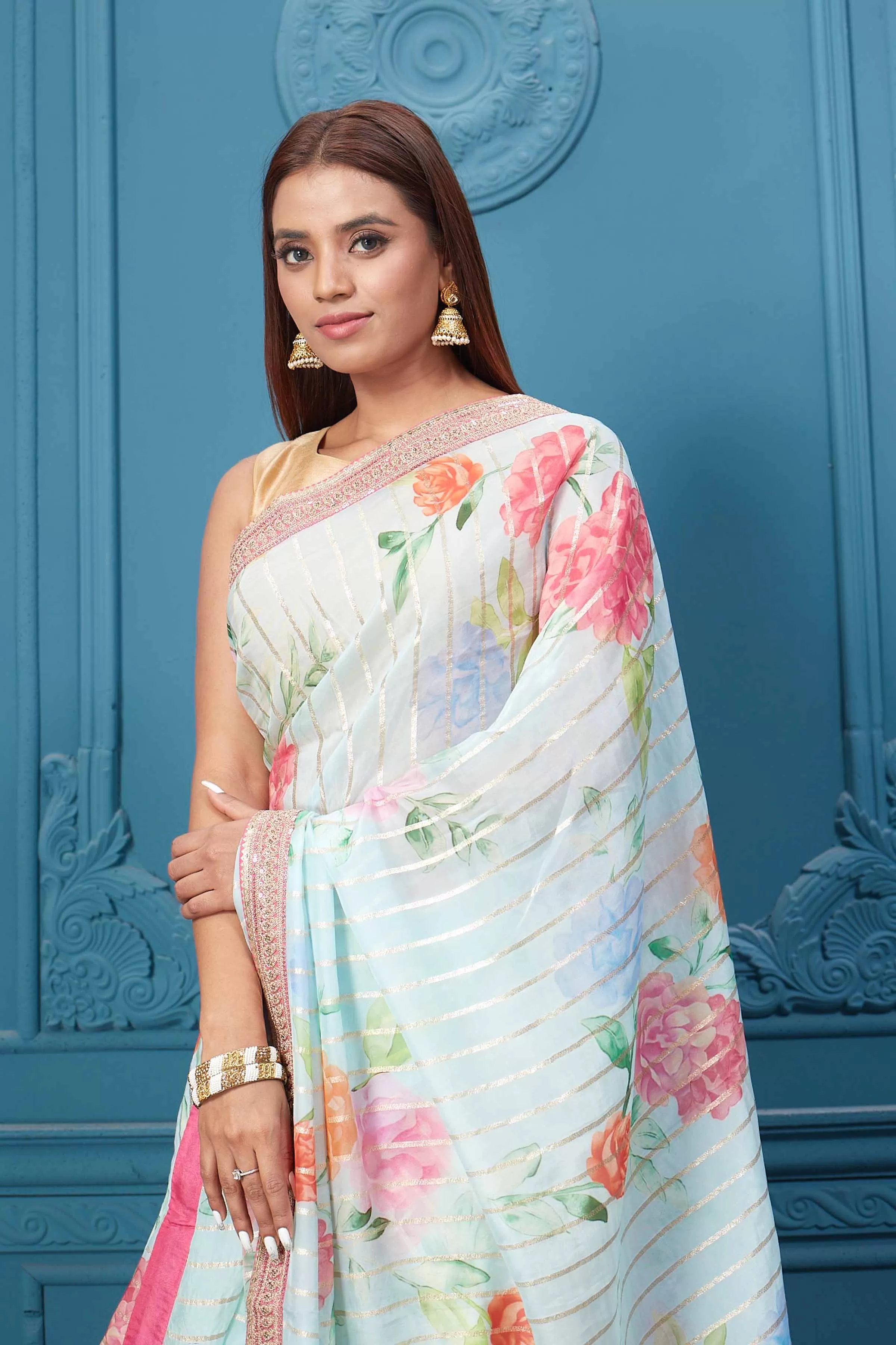 91A112 Pastel Blue Floral Georgette Saree with Pink Saree Blouse