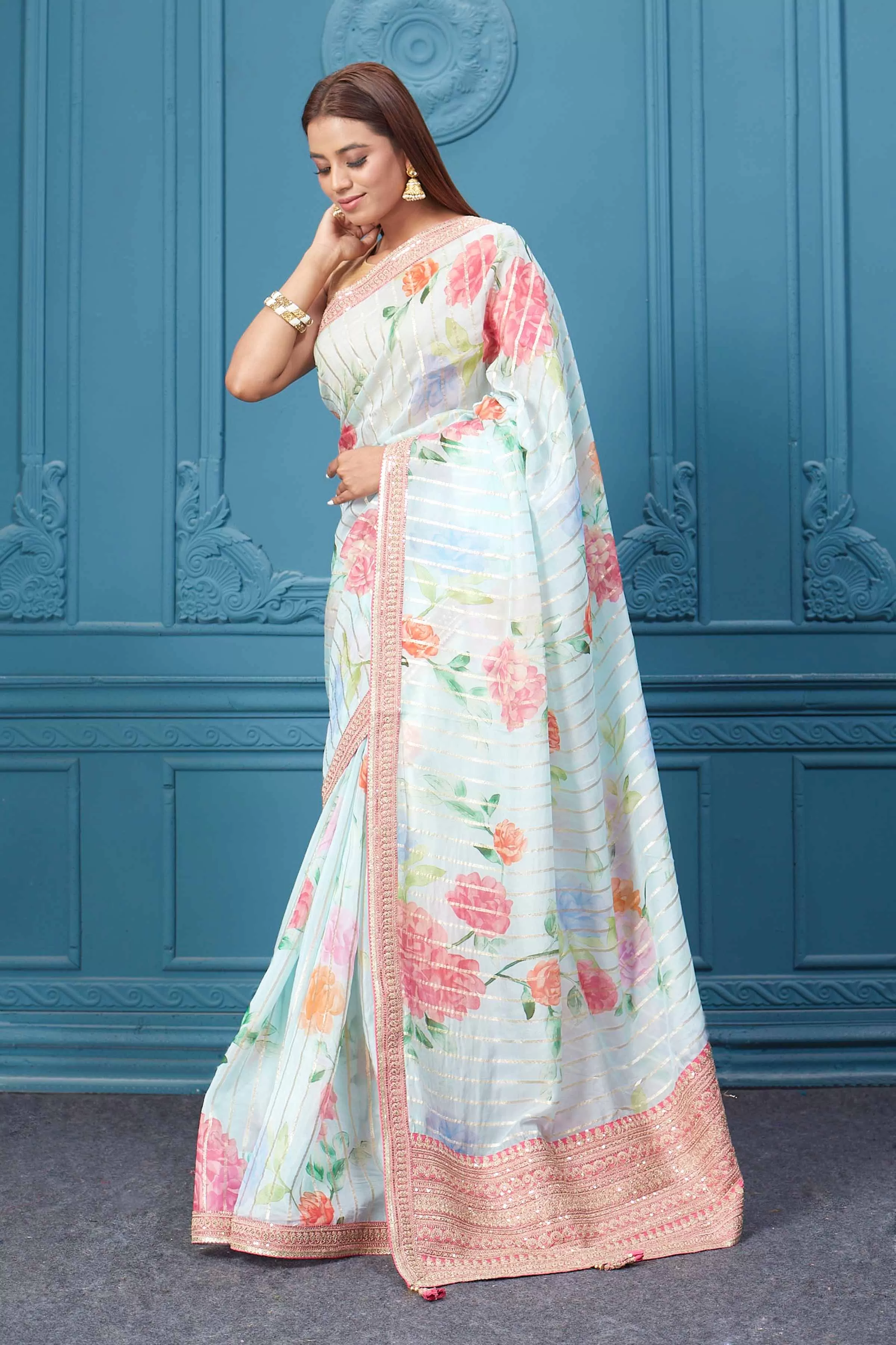 91A112 Pastel Blue Floral Georgette Saree with Pink Saree Blouse