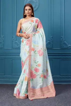 91A112 Pastel Blue Floral Georgette Saree with Pink Saree Blouse