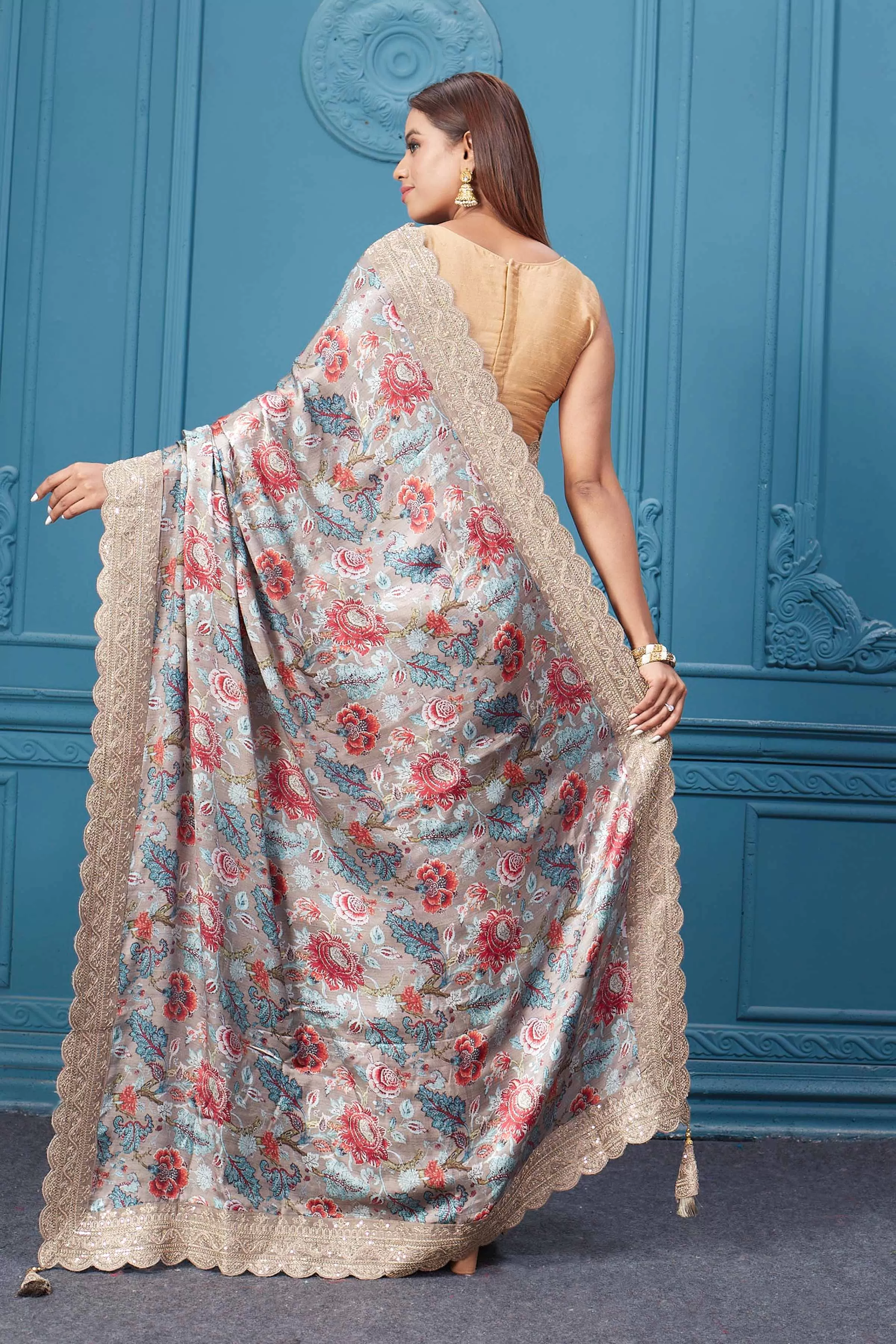 91A115 Beige Floral Crepe Silk Saree with Embroidered Border