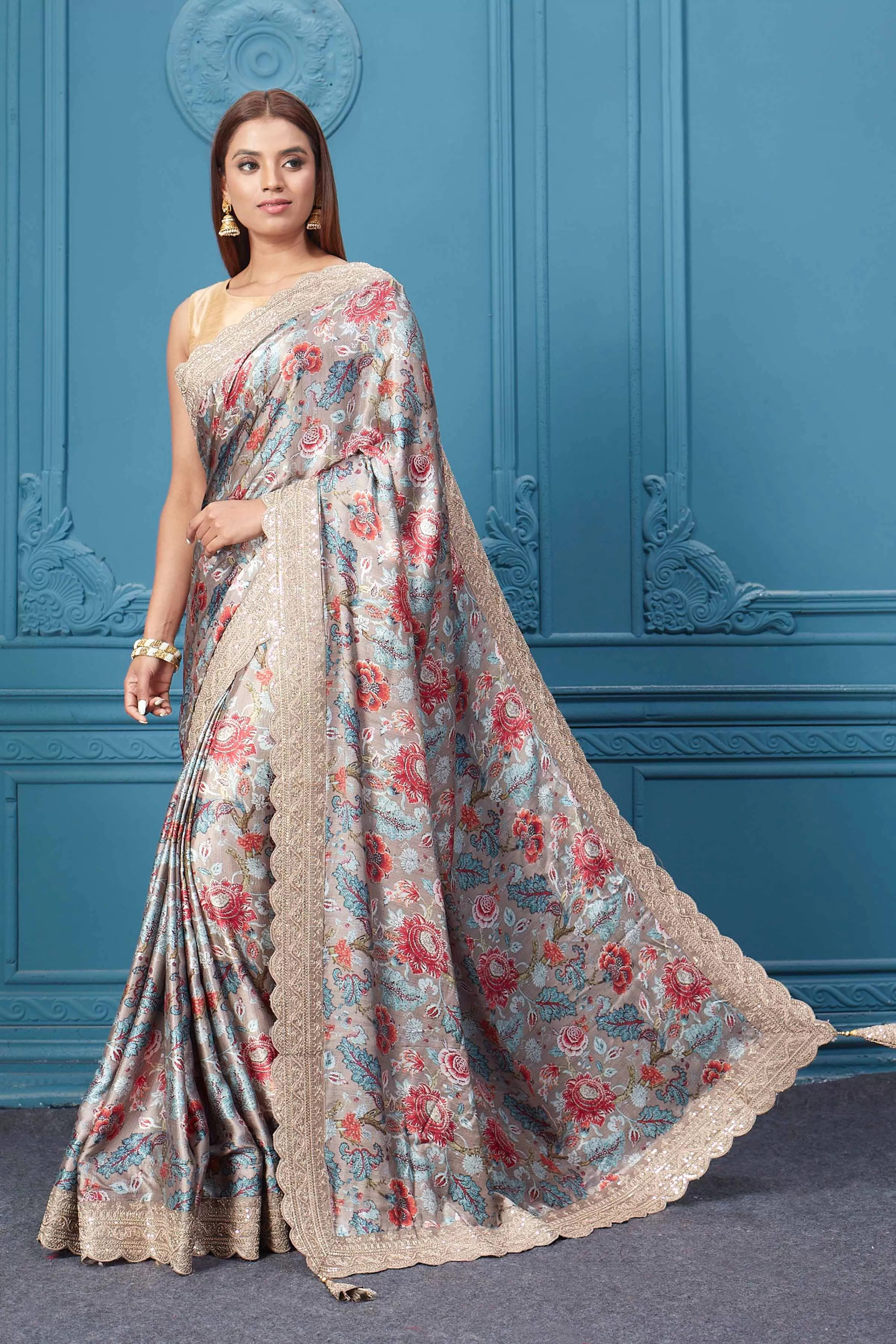 91A115 Beige Floral Crepe Silk Saree with Embroidered Border