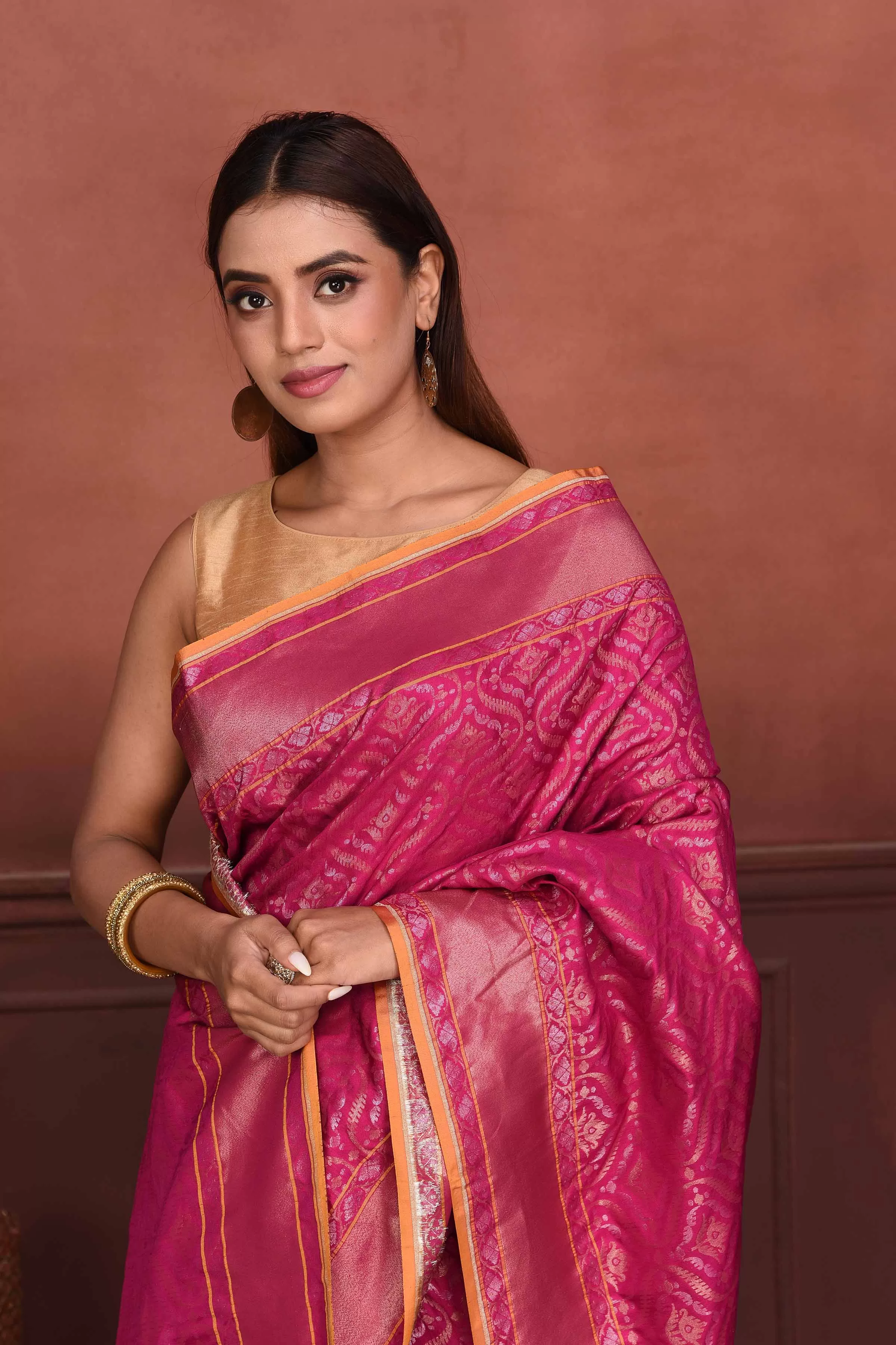 91A174 Pink Katan Silk Banarasi Saree with Zari Work