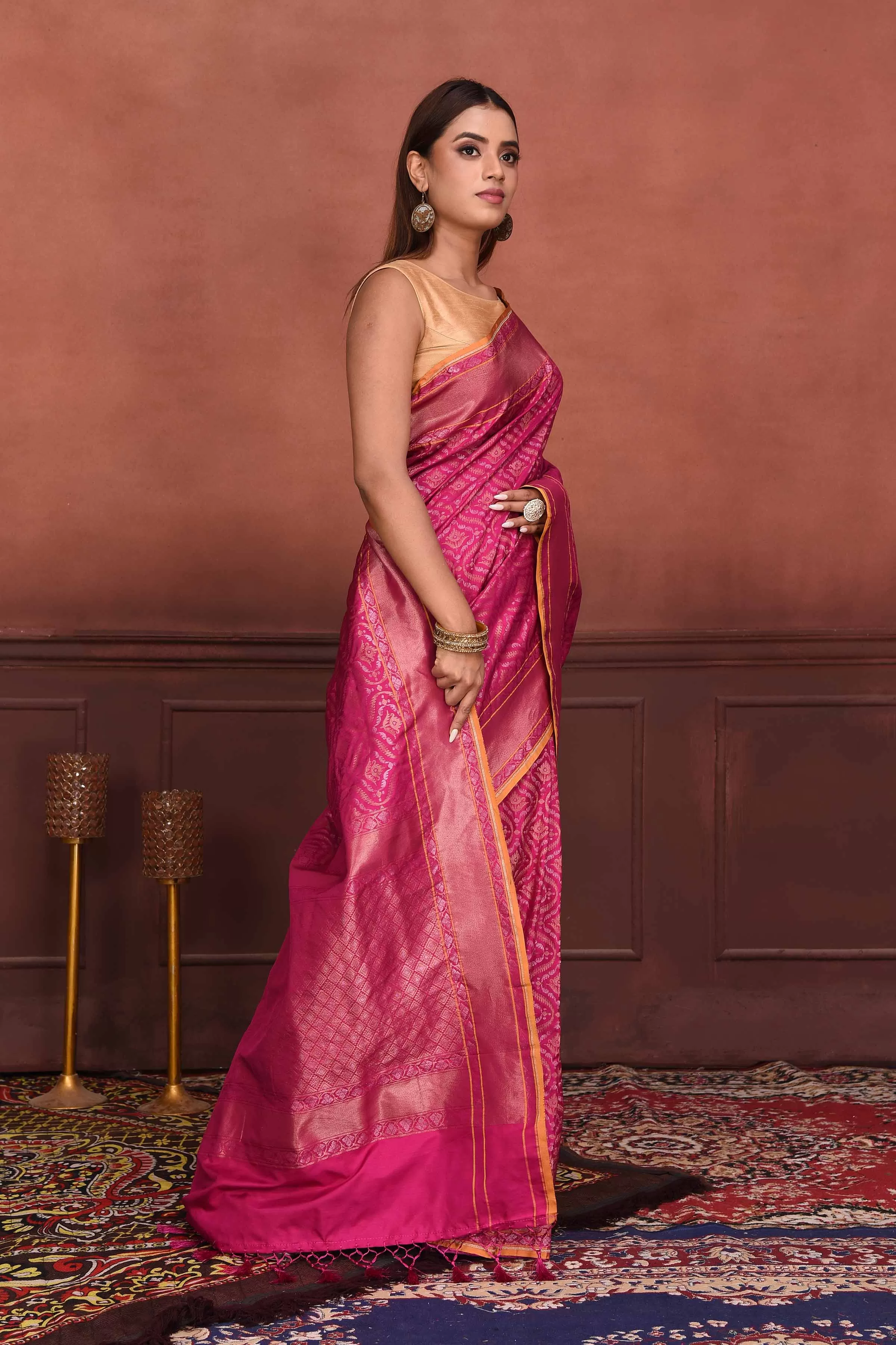 91A174 Pink Katan Silk Banarasi Saree with Zari Work