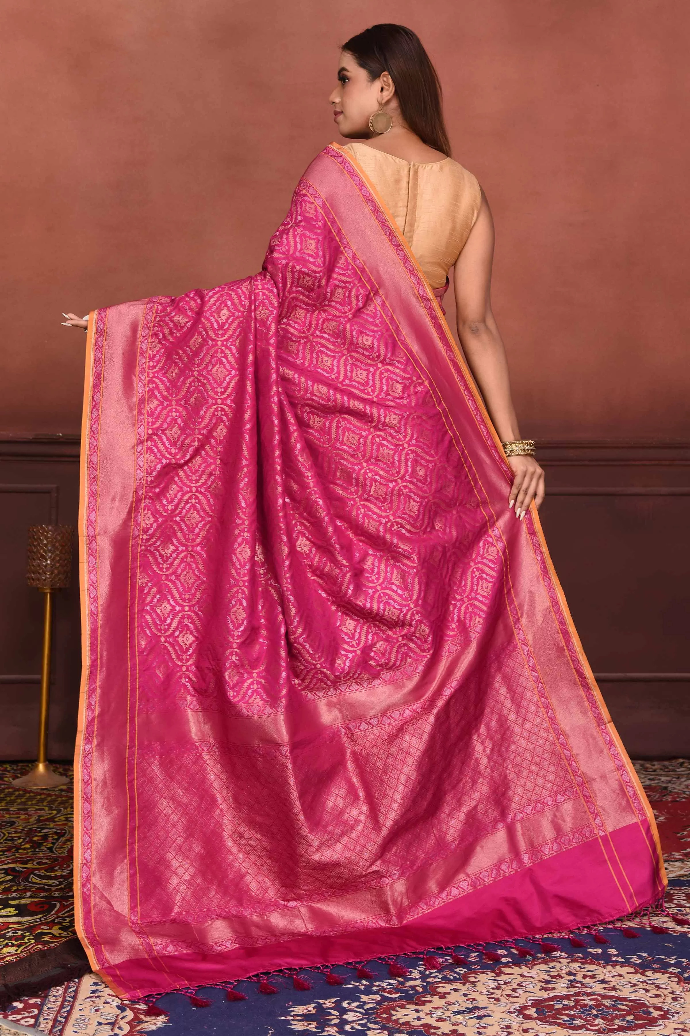 91A174 Pink Katan Silk Banarasi Saree with Zari Work