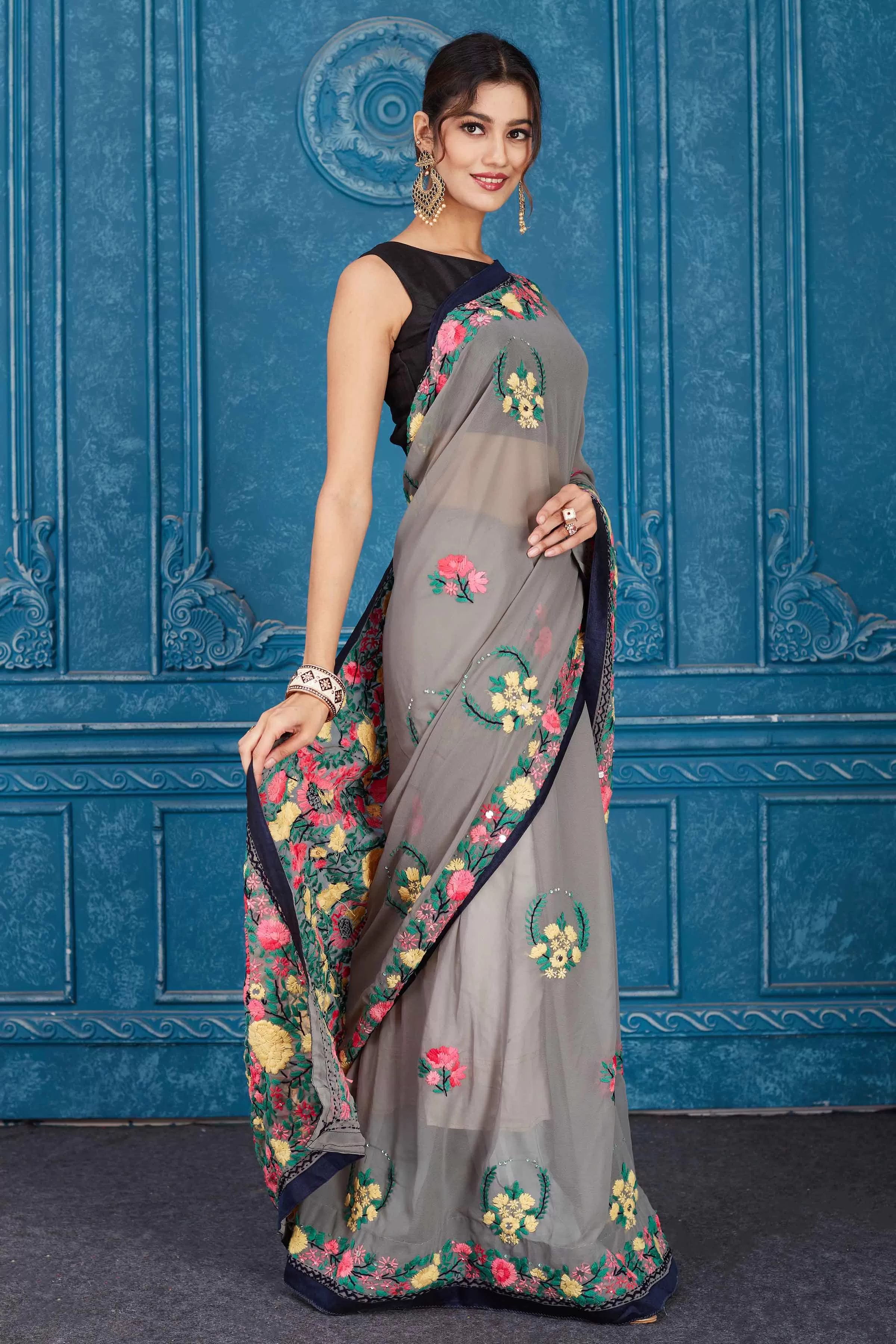 91A335 Grey Phulkari Embroidery  Georgette Sari