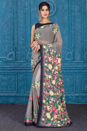 91A335 Grey Phulkari Embroidery  Georgette Sari