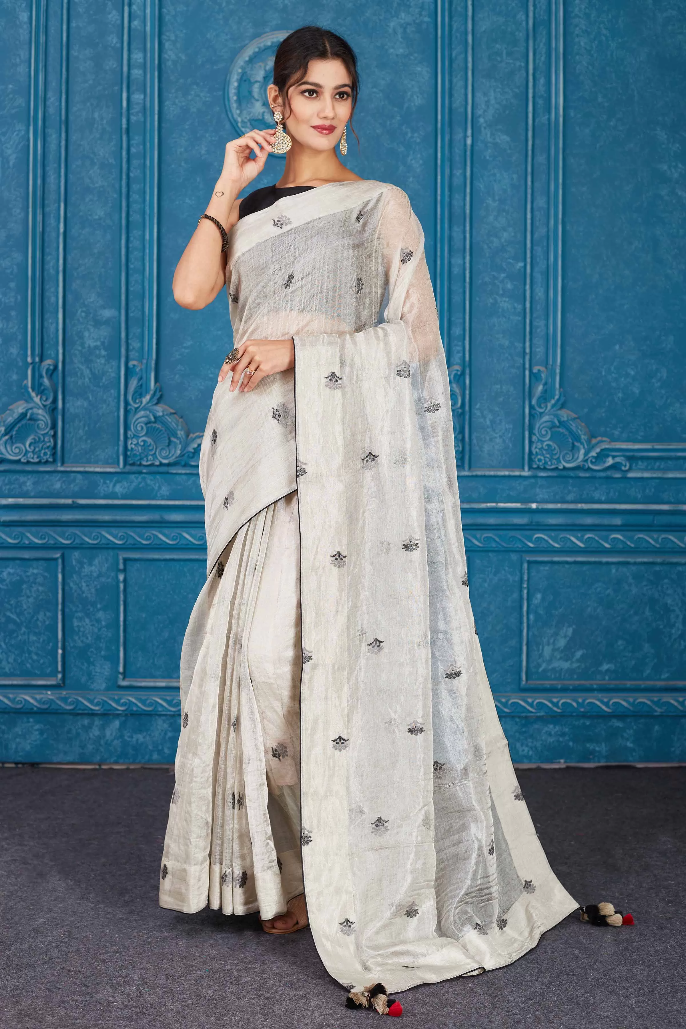 91A354 Silver Tissue Silk Saree with Black Floral Buta