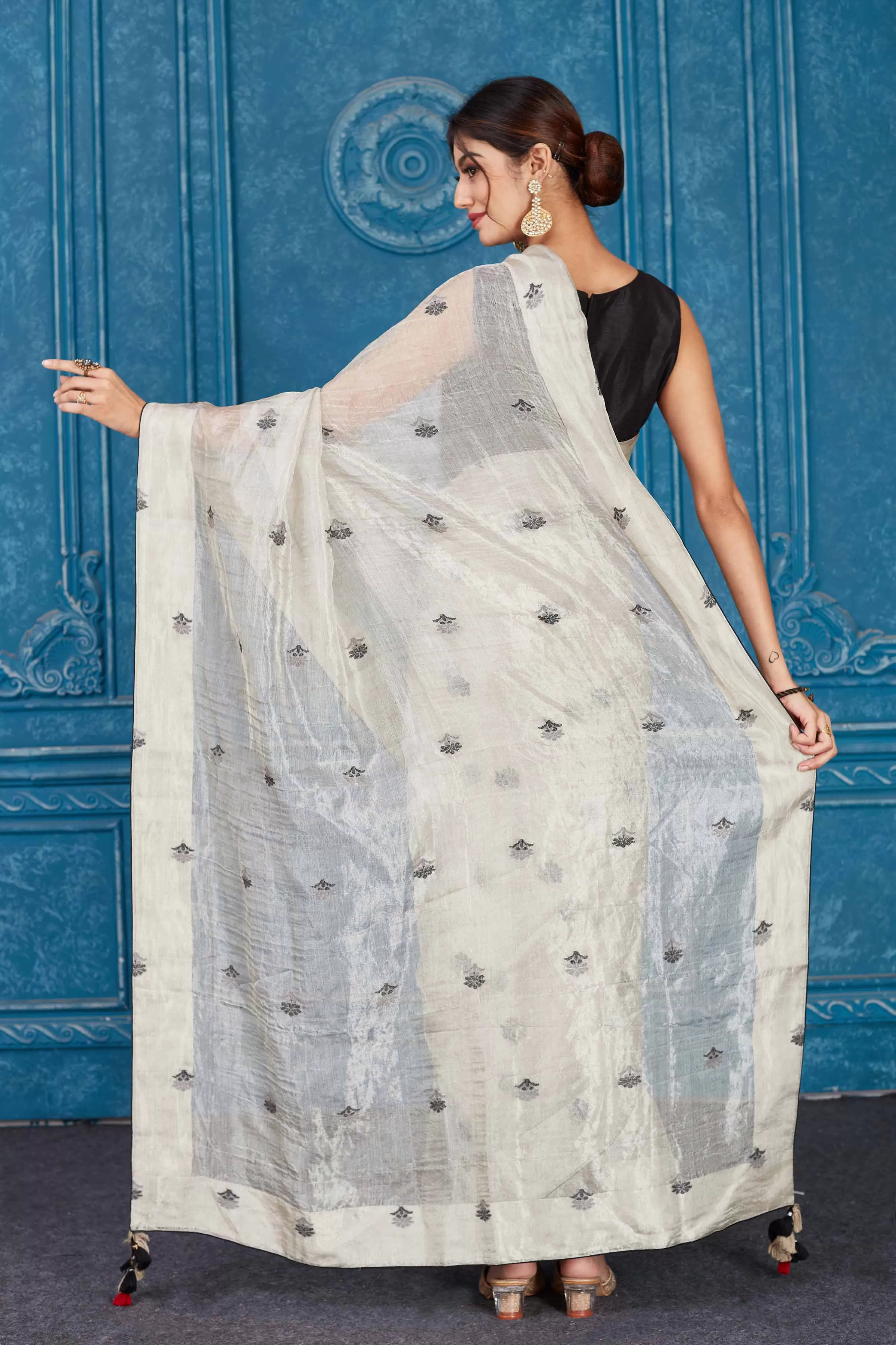 91A354 Silver Tissue Silk Saree with Black Floral Buta