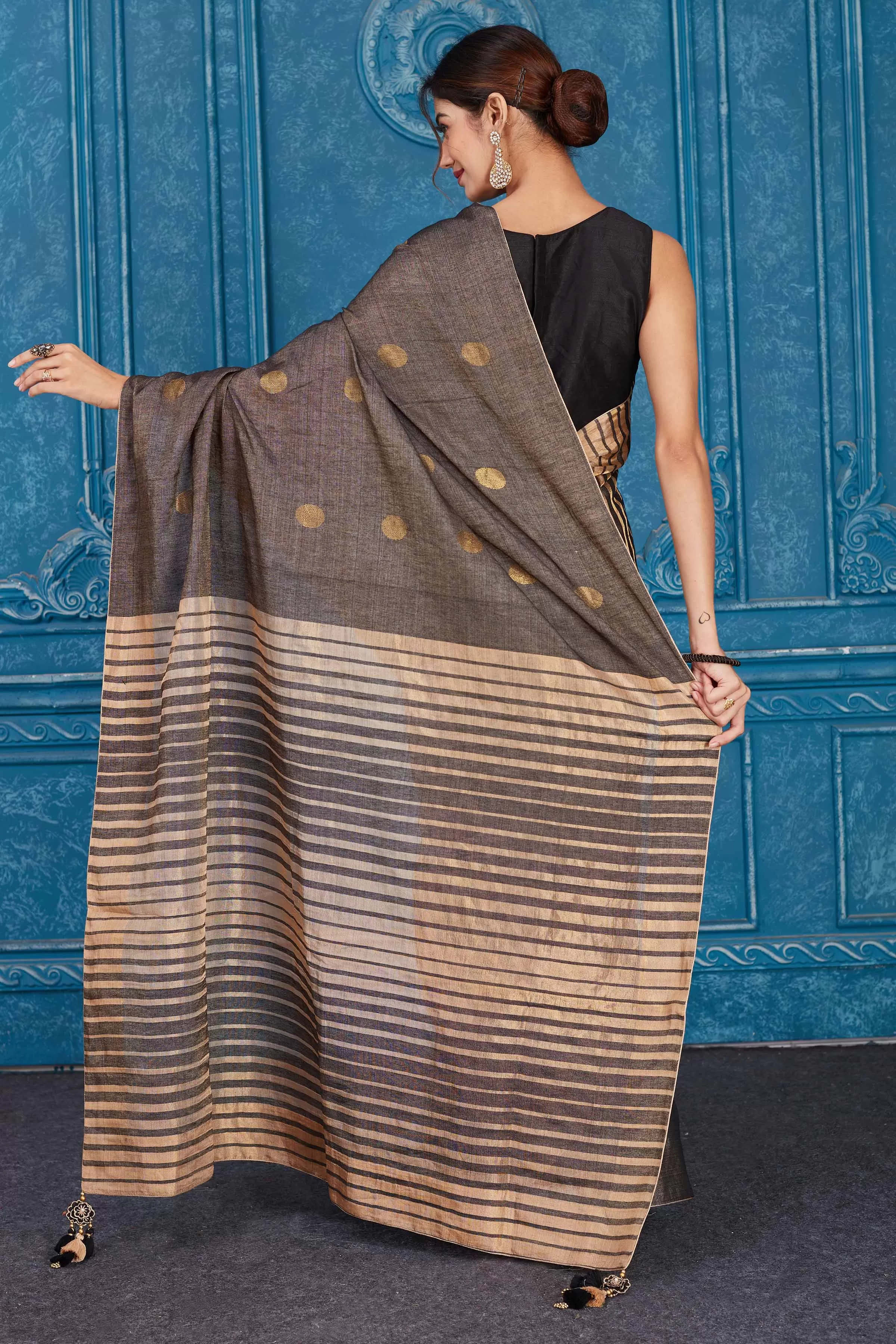 91A355 Grey and Beige Tissue Silk Saree with Zari Buta