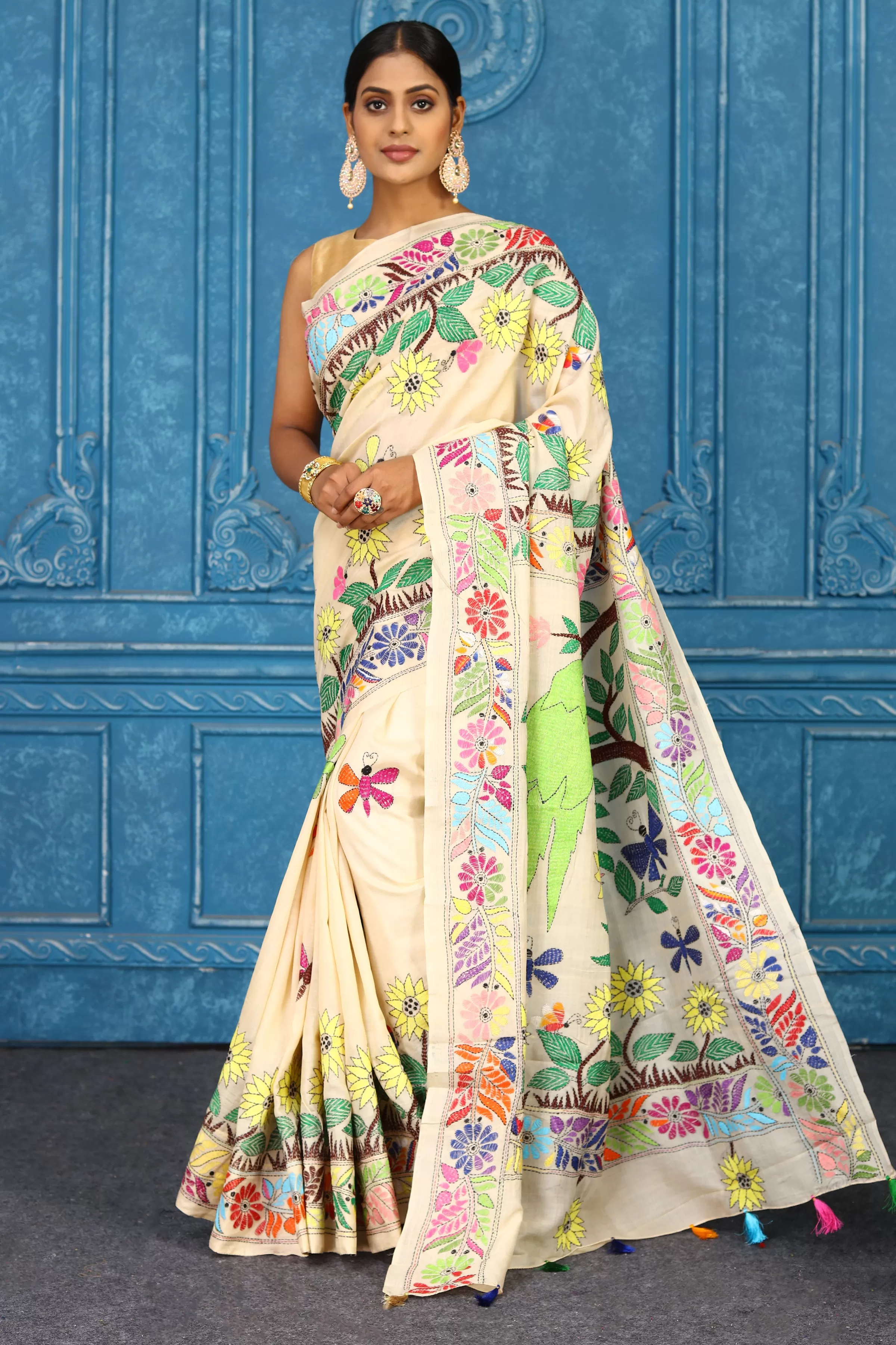 91A417 Cream Tussar Silk Sari with Floral Kantha Embroidery