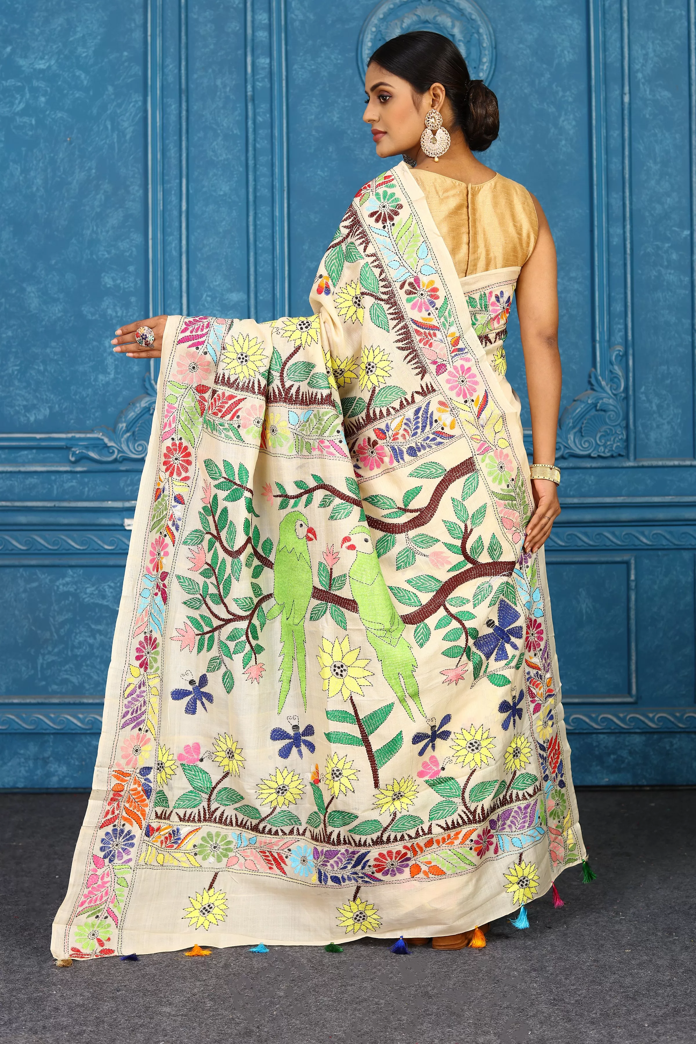 91A417 Cream Tussar Silk Sari with Floral Kantha Embroidery