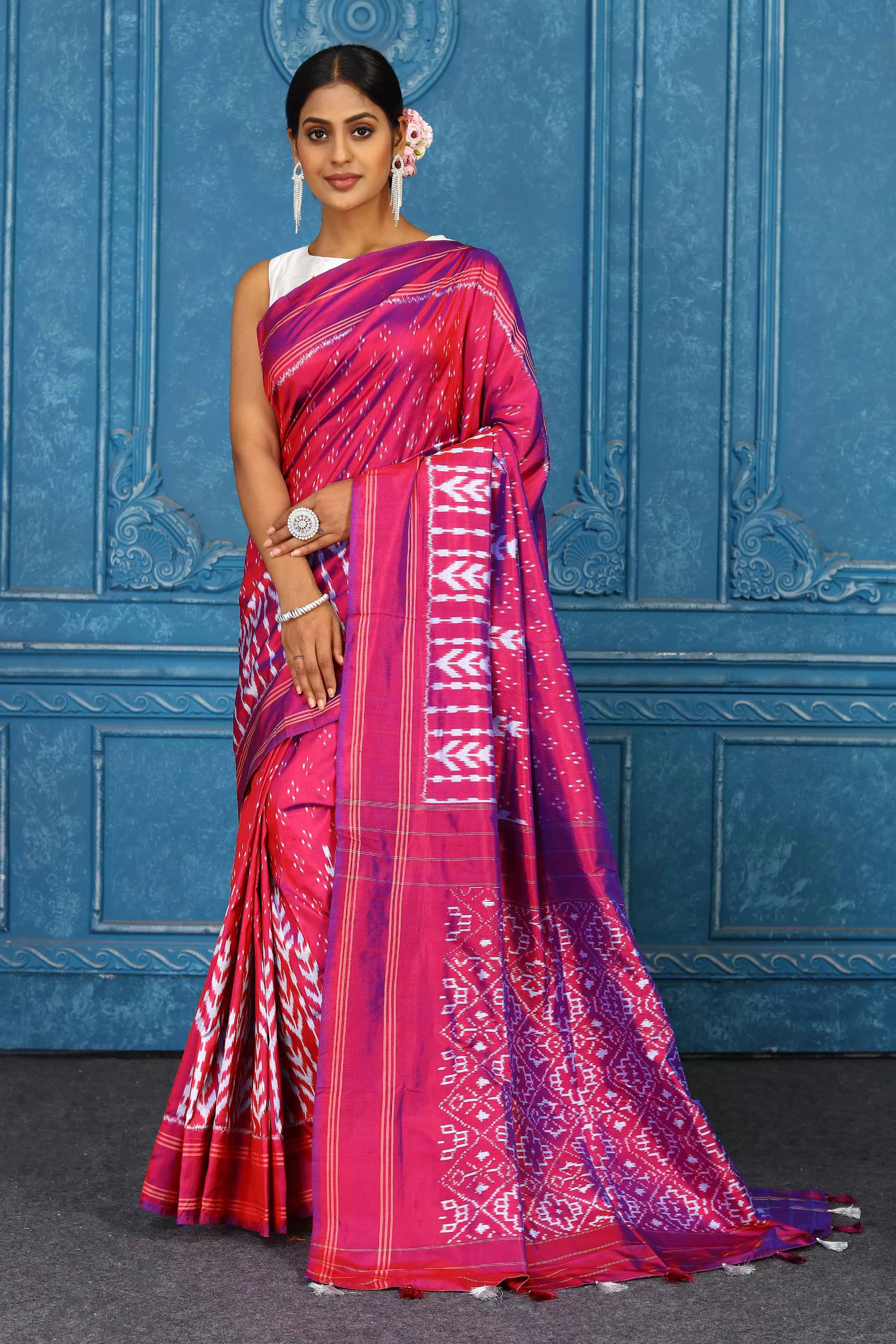 91A432 Pink Pochampalli Ikkat Silk Saree