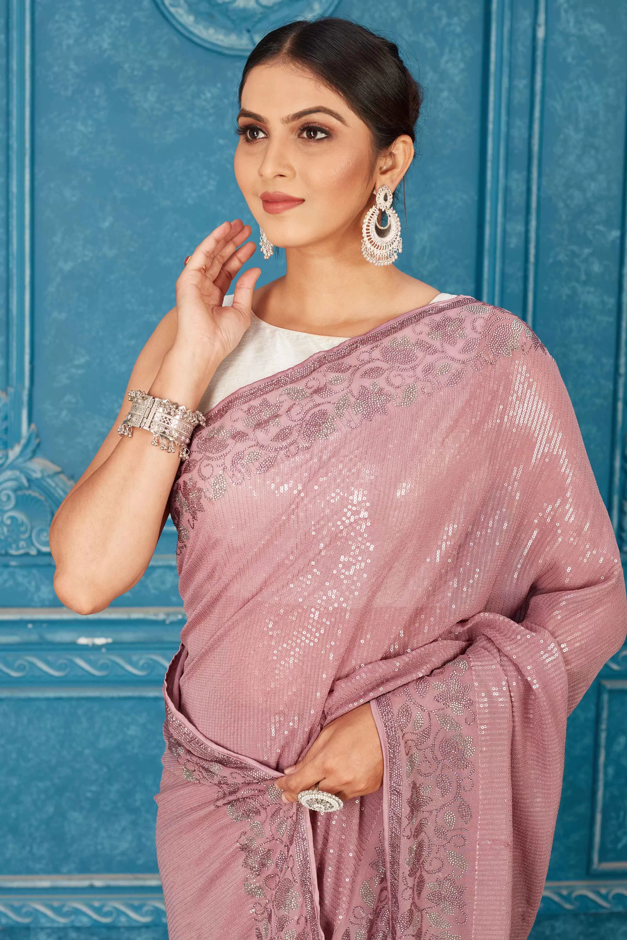 91A483 Dusty Pink Sequin Saree with Stone Work