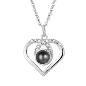 925 Silver Heart Shaped with CZ Diamonds Projection Necklace with Picture Inside