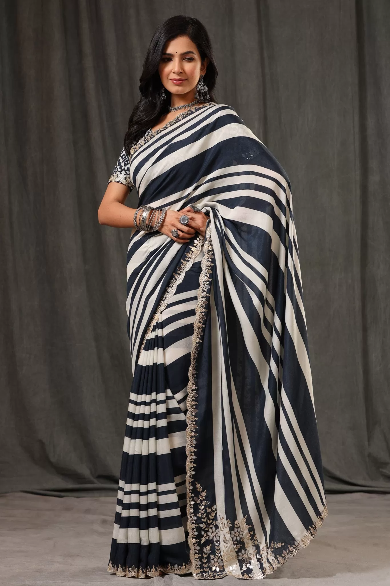 92A079-RO Black and White Stripes Crepe Georgette Sari