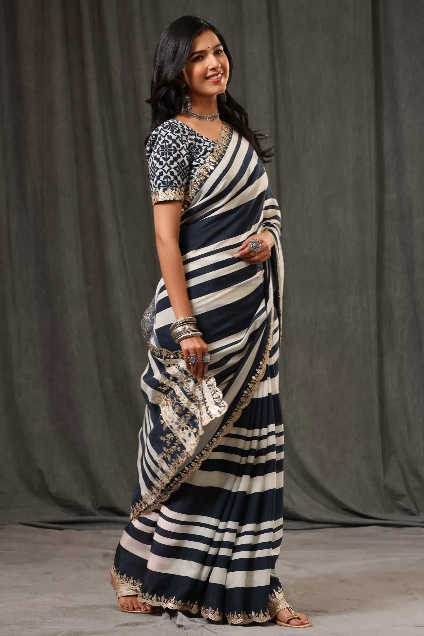 92A079-RO Black and White Stripes Crepe Georgette Sari