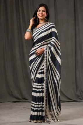 92A079-RO Black and White Stripes Crepe Georgette Sari