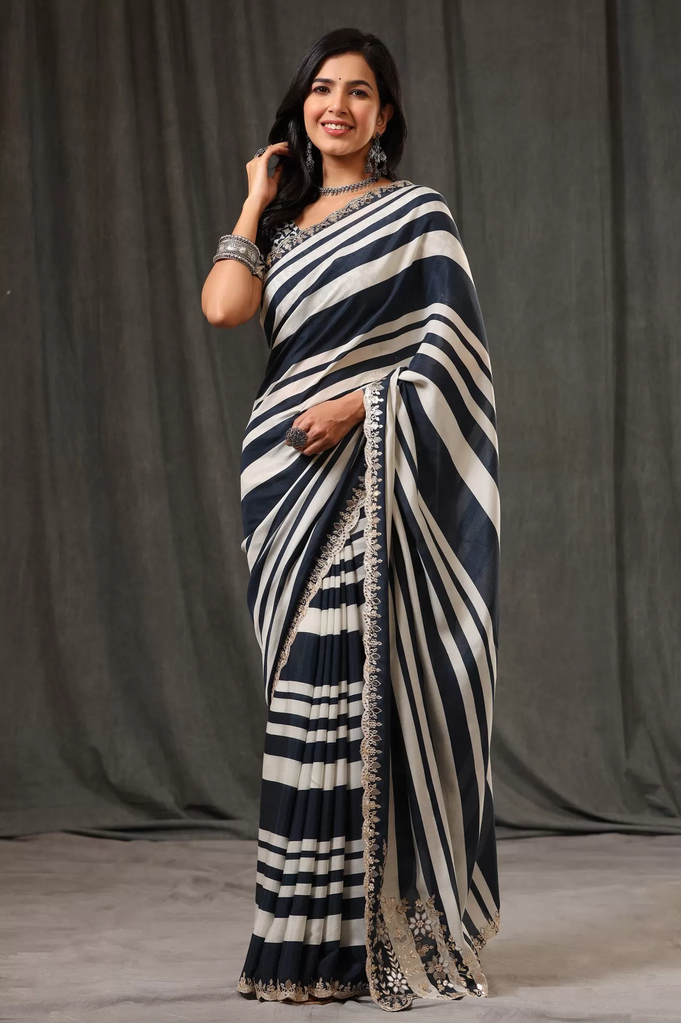 92A079-RO Black and White Stripes Crepe Georgette Sari