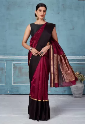 92A150 Magenta Pattu Silk Saree With Black Mashru Border