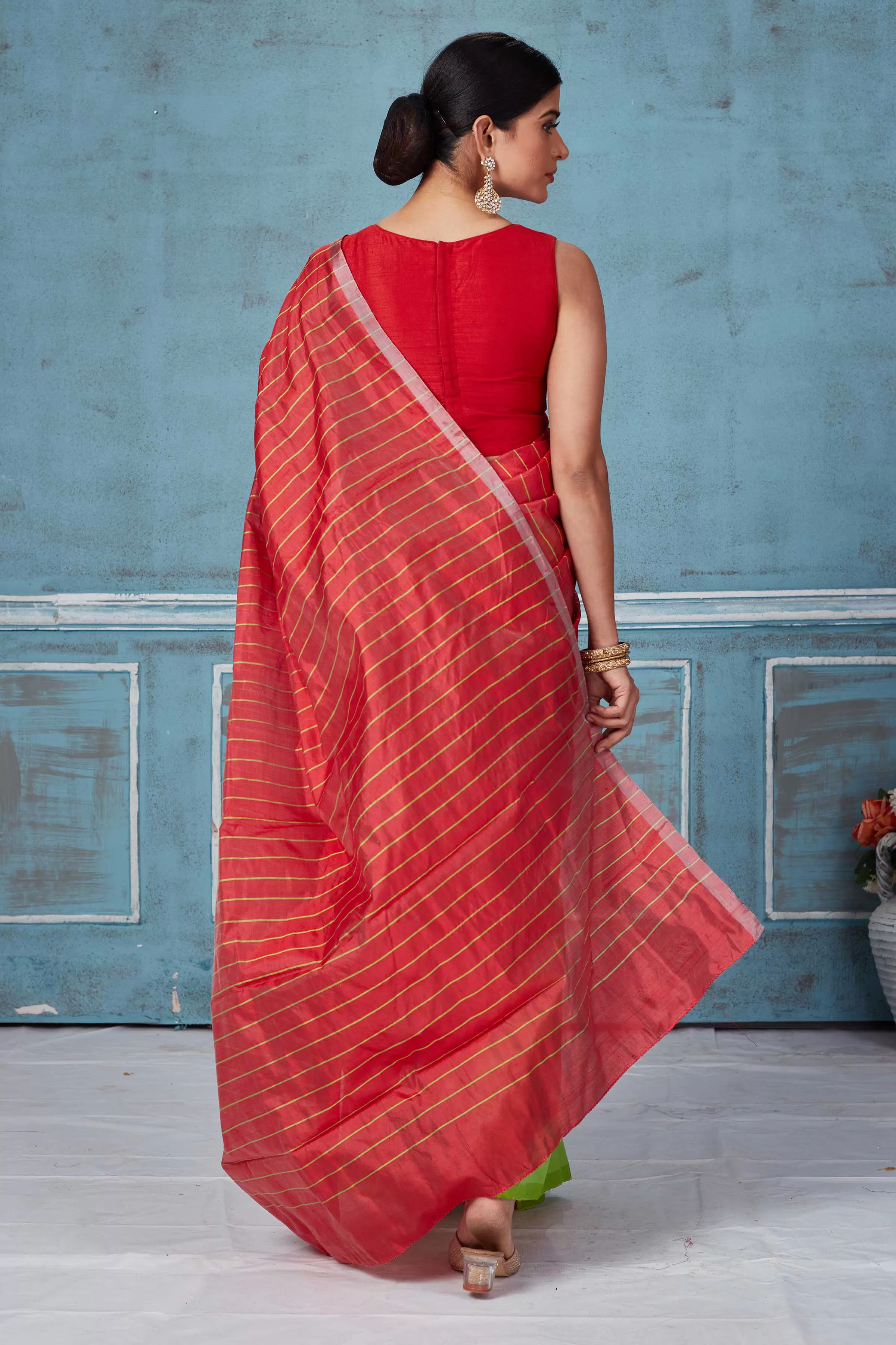 92A156 Red Striped And Green Half And Half Pattu Silk Saree